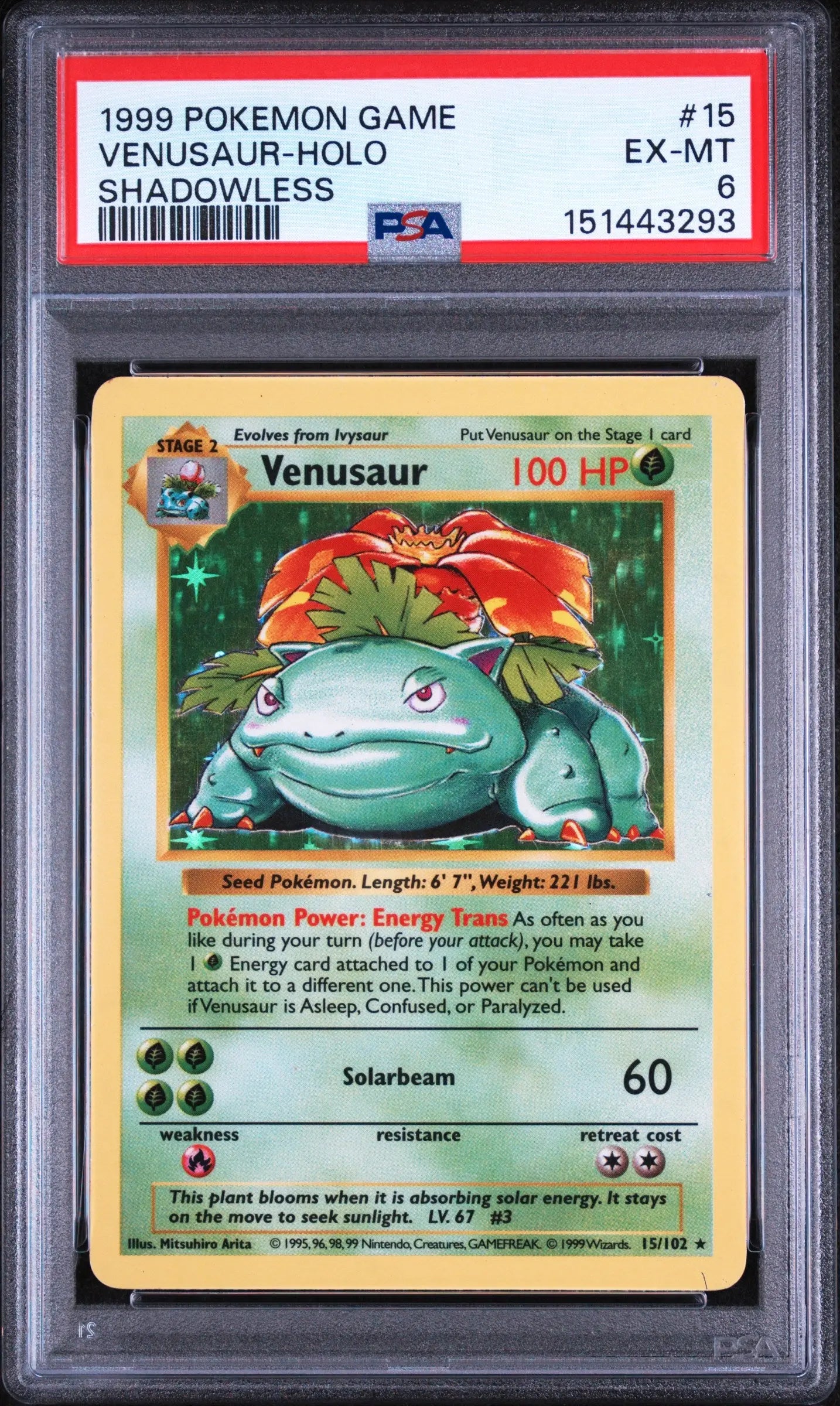 1999 Pokemon Game Venusaur Holo Shadowless 15/102 PSA 6 