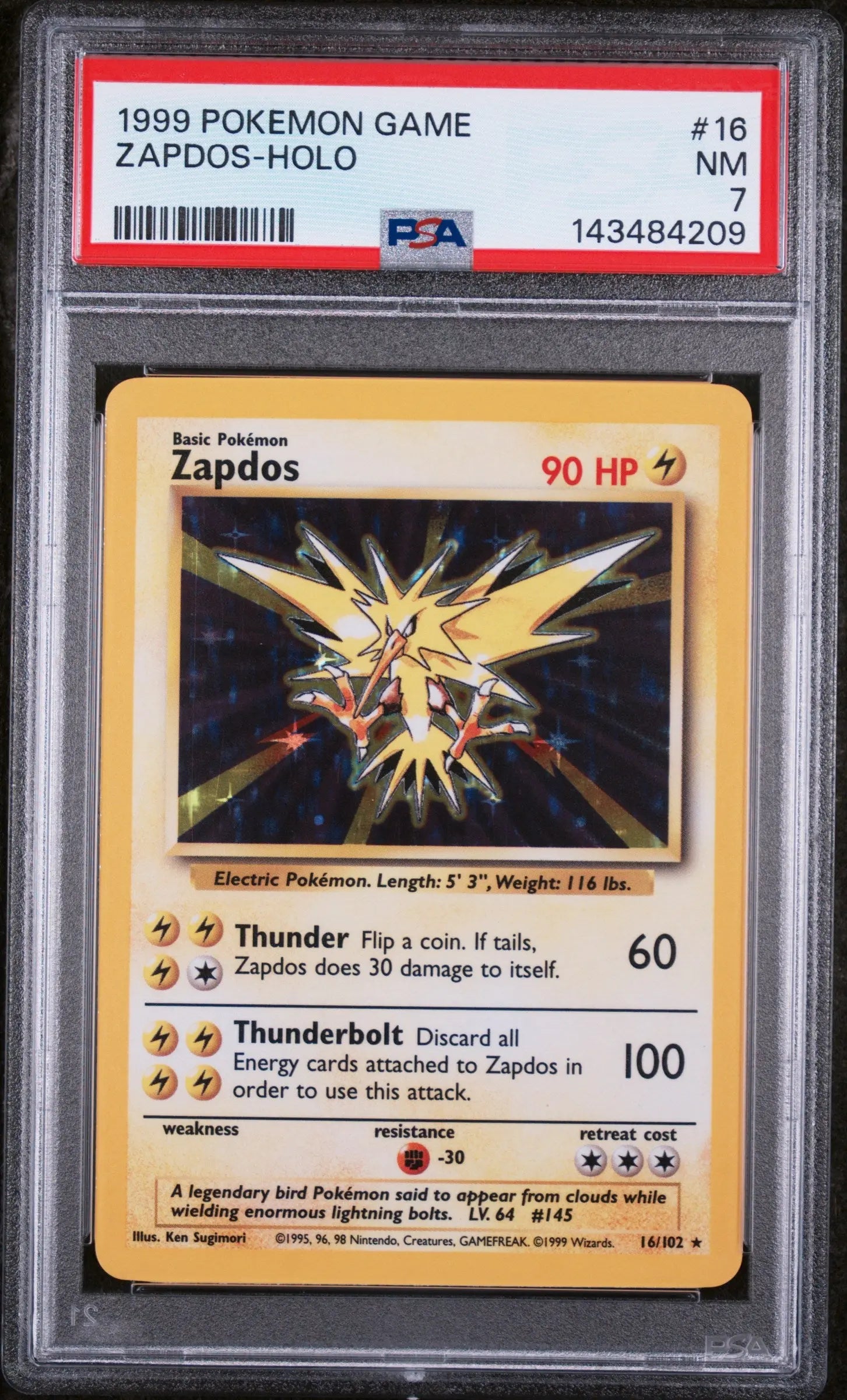 1999 Pokemon Game Zapdos Holo 16/102 PSA 7 