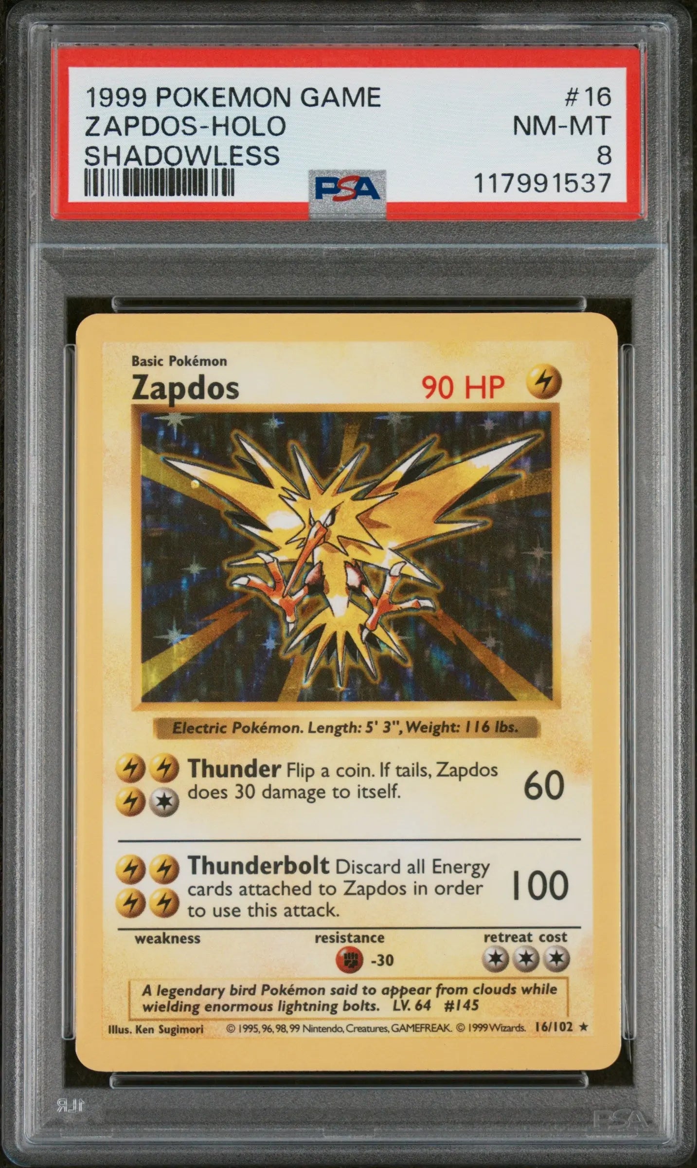 1999 Pokemon Game Zapdos Holo Shadowless PSA 8 16/102 