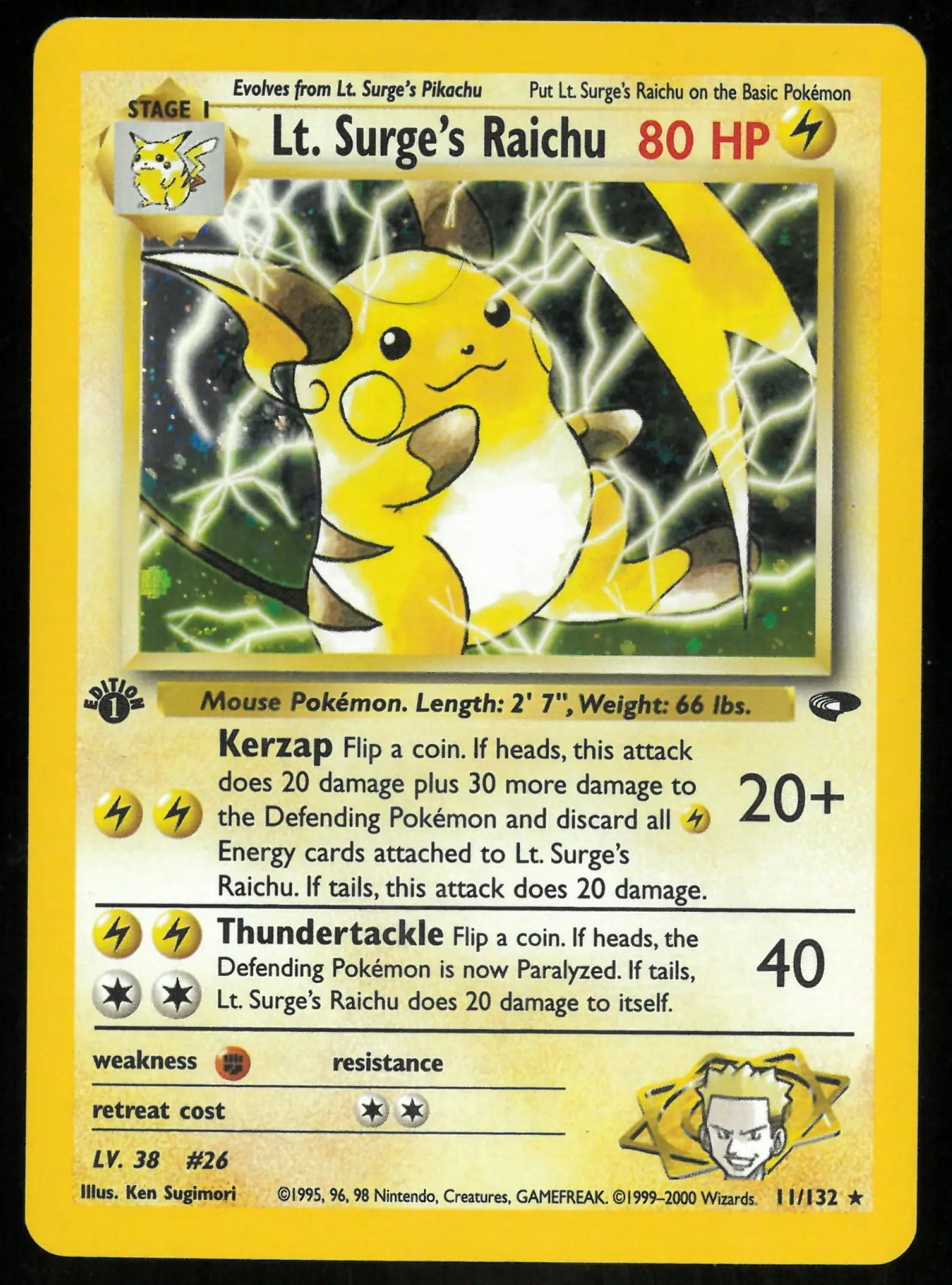1999 Pokemon Gym Challenge 1st Edition Holofoil Lt. Surge's Raichu 11 