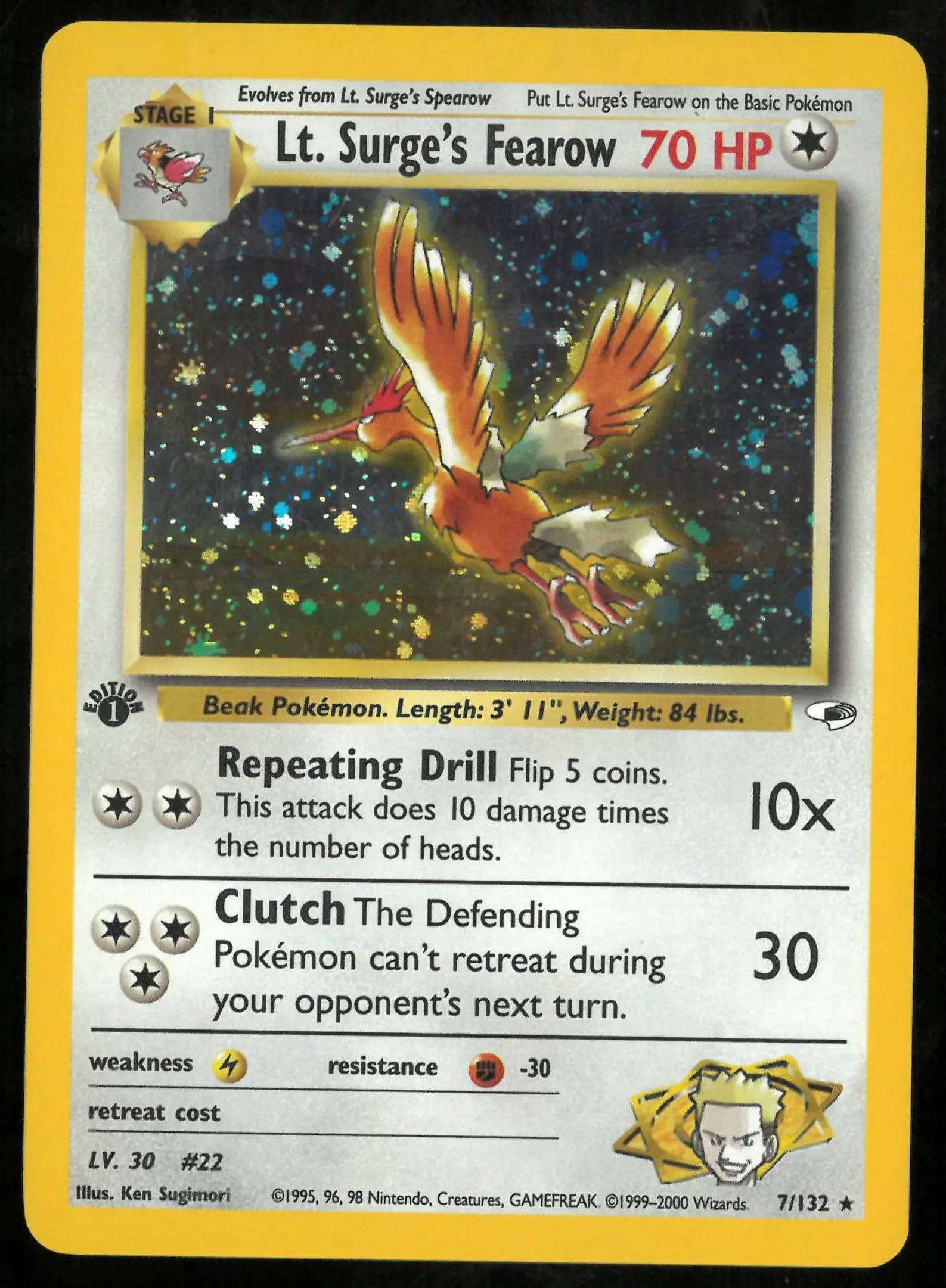 1999 Pokemon Gym Heroes 1st Edition Holofoil Lt. Surge's Fearow 7 