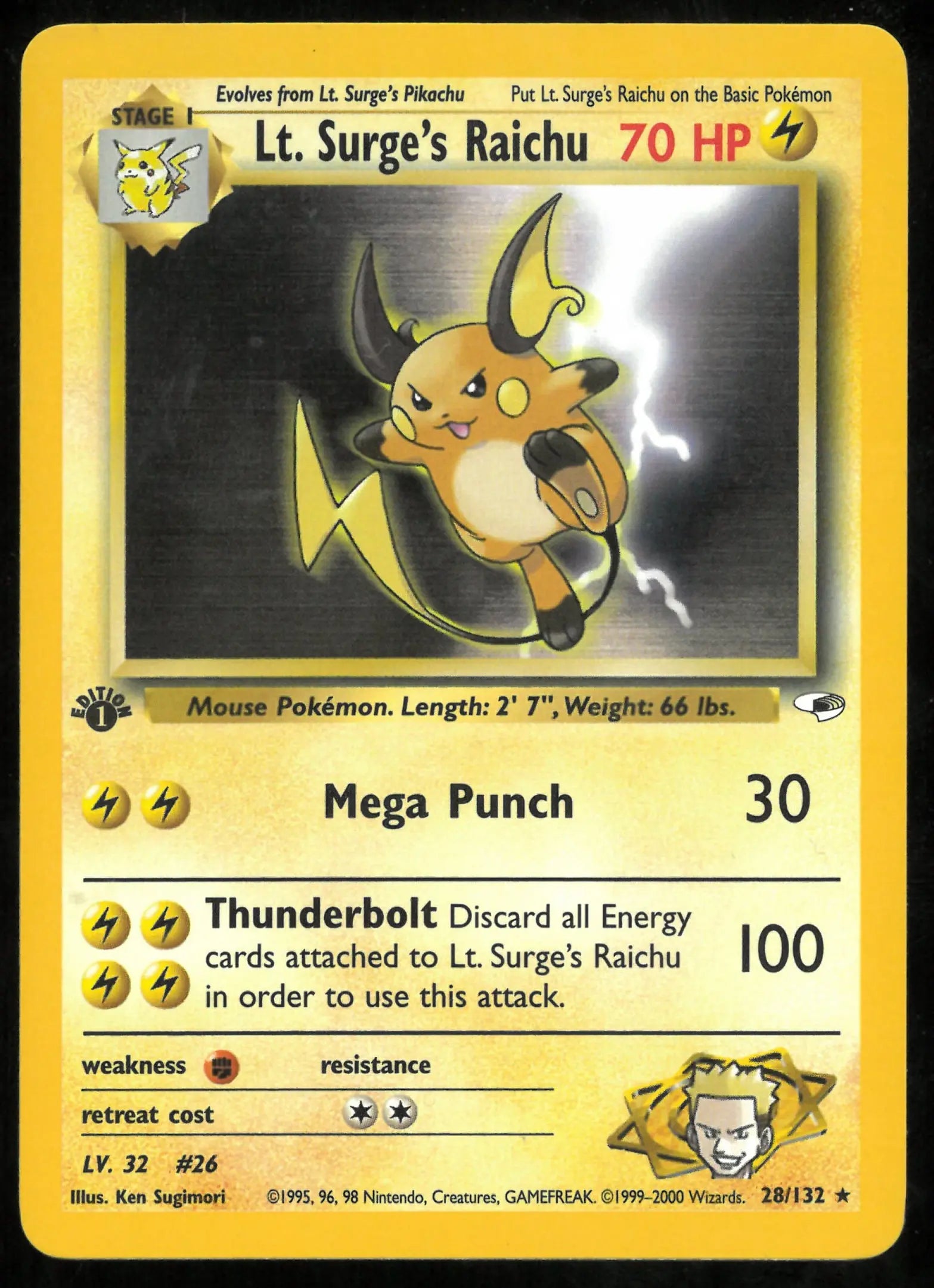 1999 Pokemon Gym Heroes Rare 1st Edition Lt. Surge's Raichu 28 