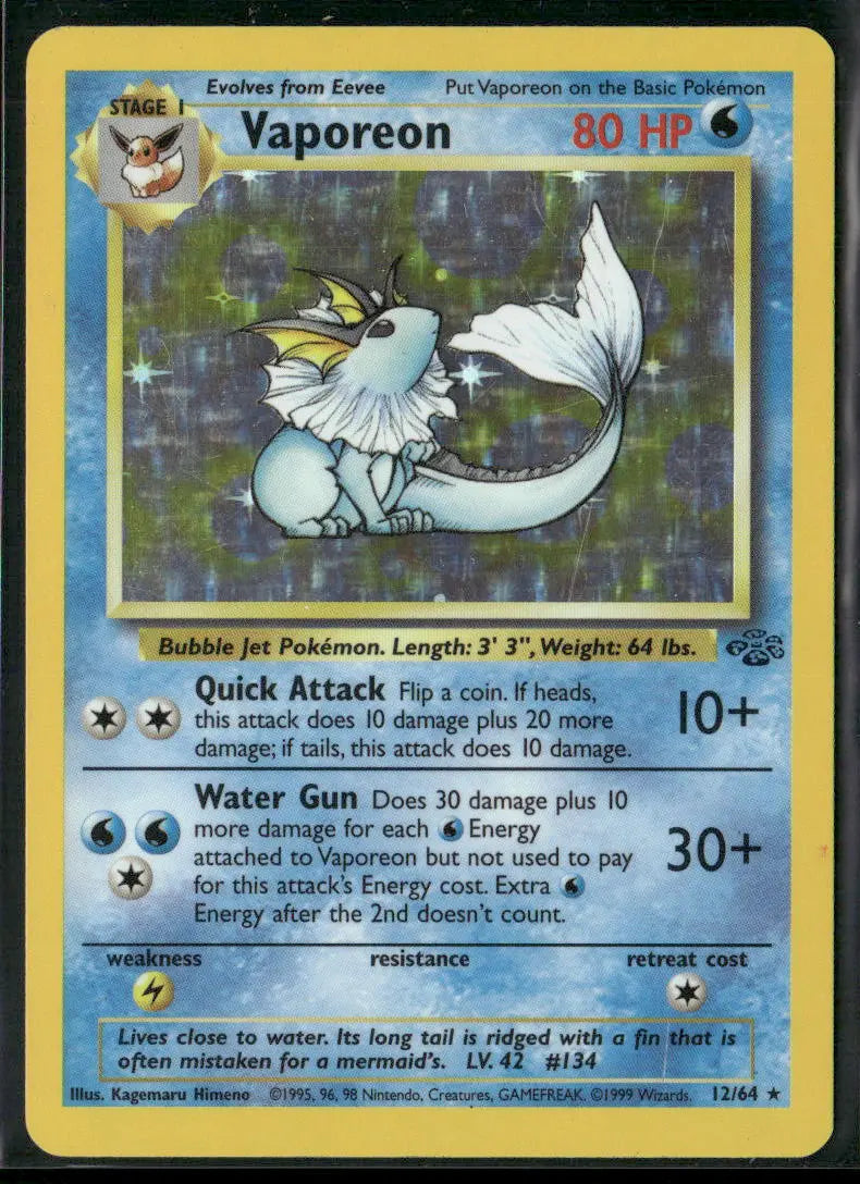 1999 Pokemon Jungle Unlimited Holofoil Vaporeon 12/64 