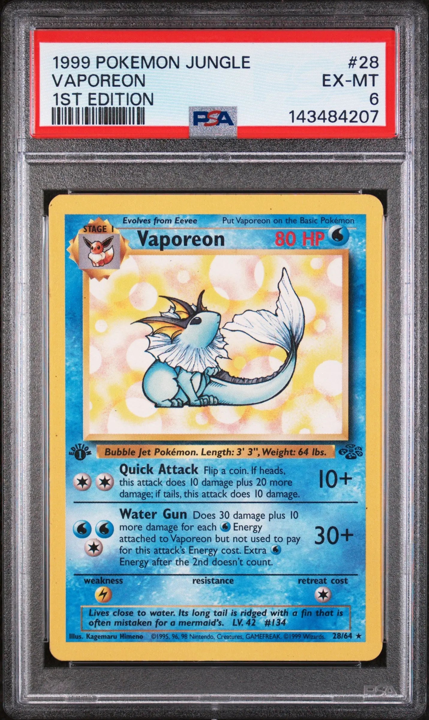 1999 Pokemon Jungle Vaporeon 1st Edition 28/64 PSA 6 