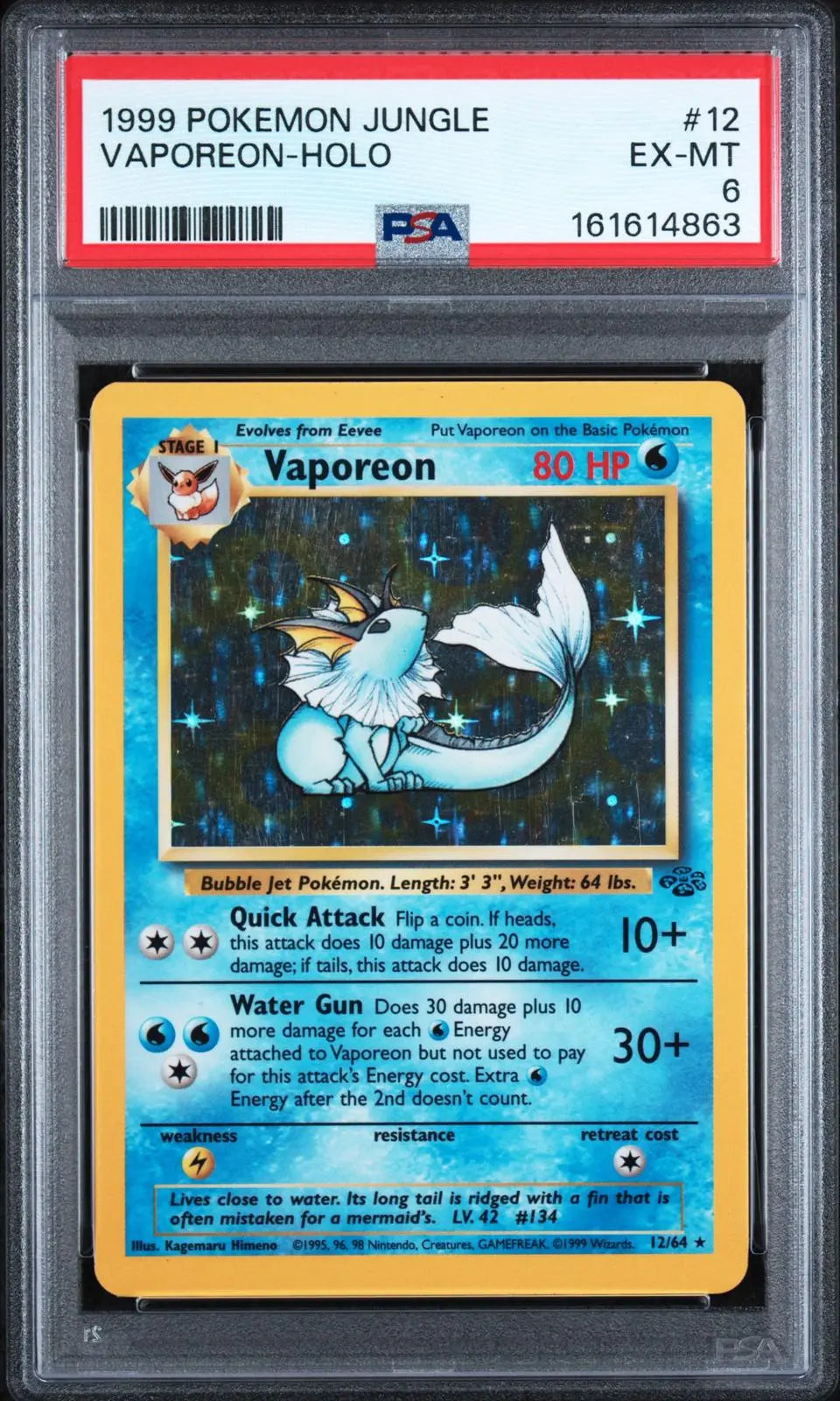 1999 Pokemon Jungle Vaporeon Unlimted Holofoil Rare 12/64 PSA 6 