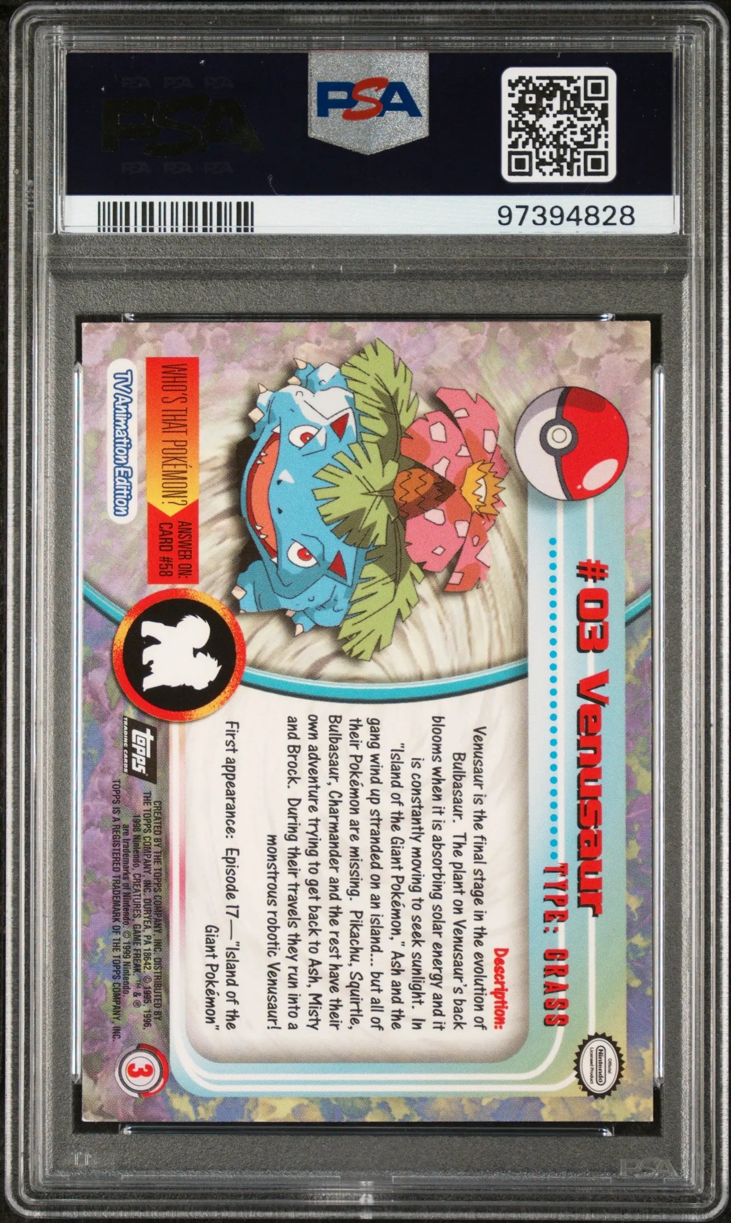 1999 Topps Pokemon TV Venusaur PSA 7 #3 