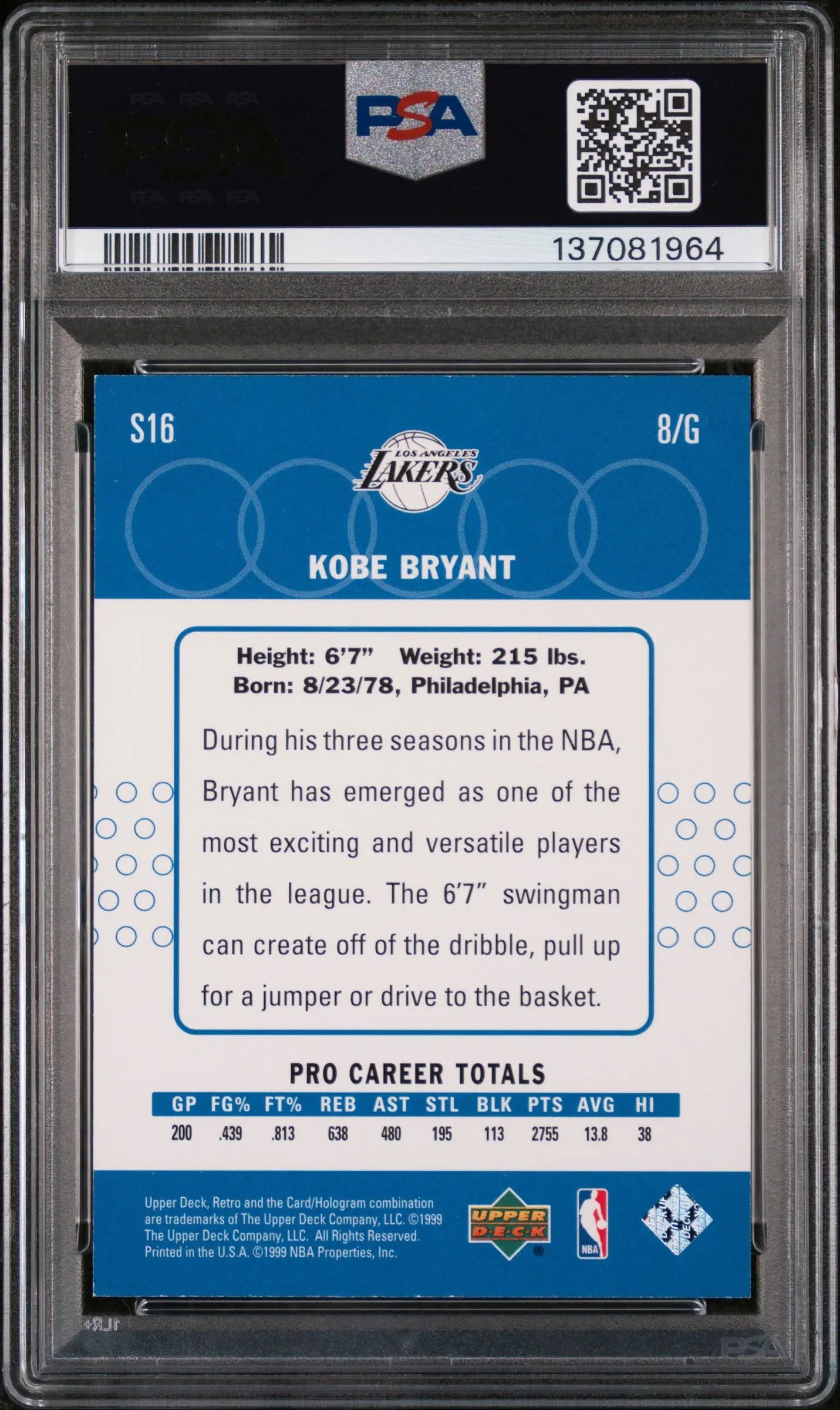 1999 Upper Deck Retro Old New School Parallel Kobe Bryant #S16 /500 PSA 9 