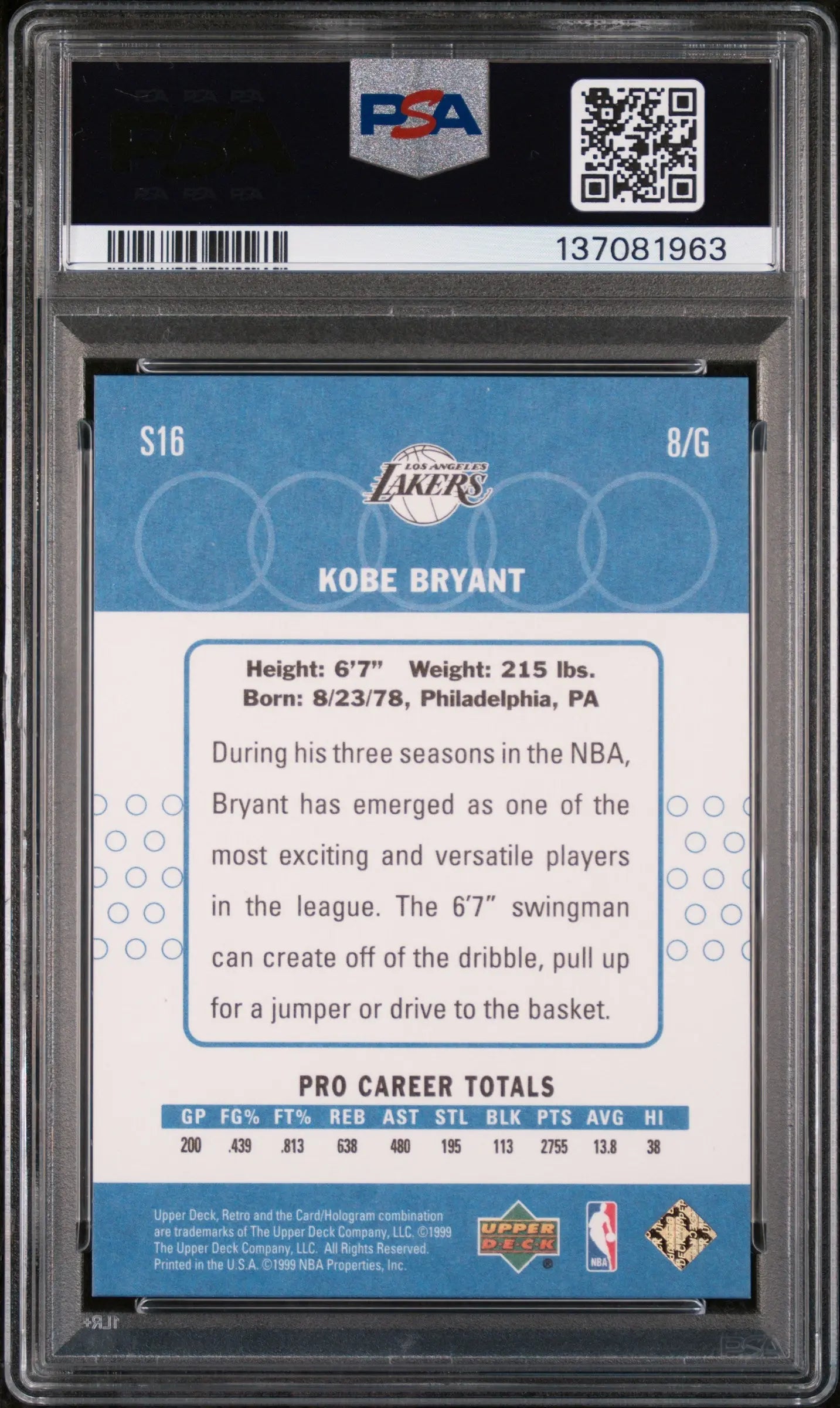 1999 Upper Deck Retro Old School/New School Kobe Bryant #S16 PSA 9 