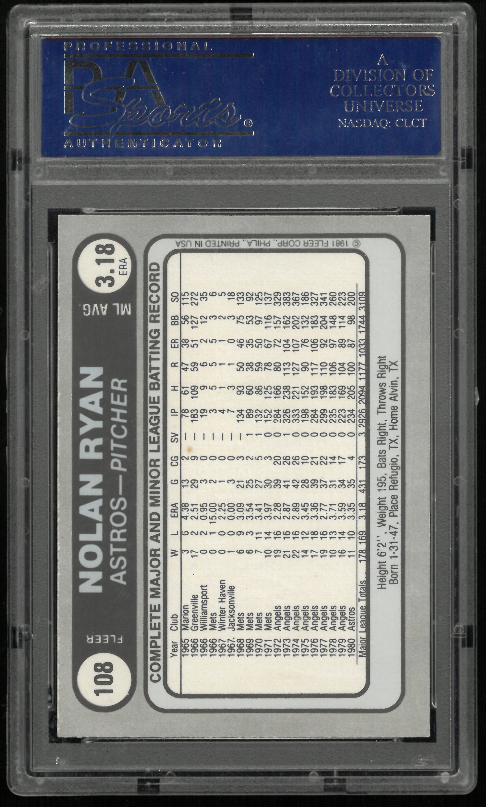 1981 Fleer Star Stickers Nolan Ryan PSA 8