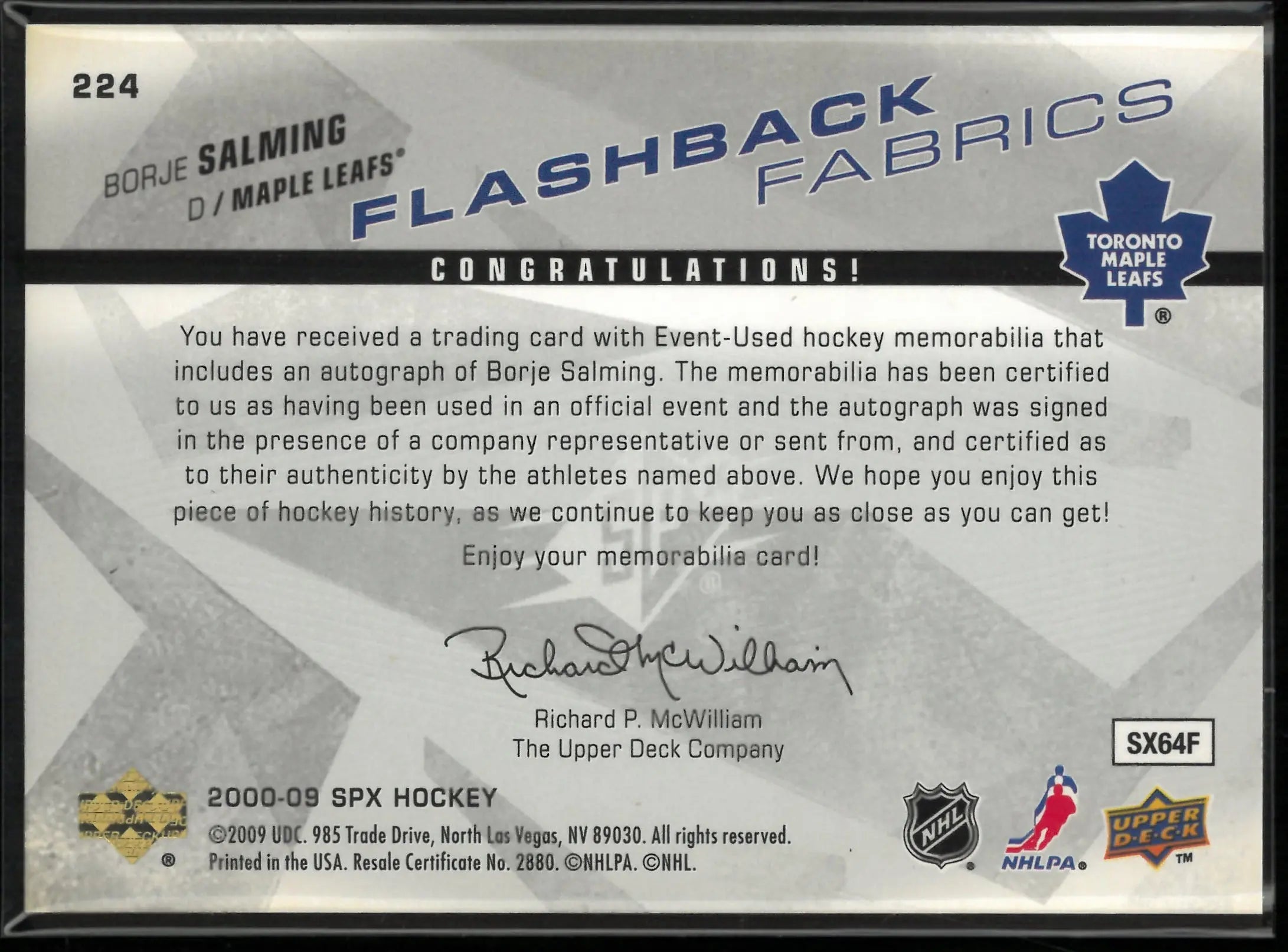 2000-09 Upper Deck SPX Flashback Fabrics Autograph Borje Salming Auto Patch 