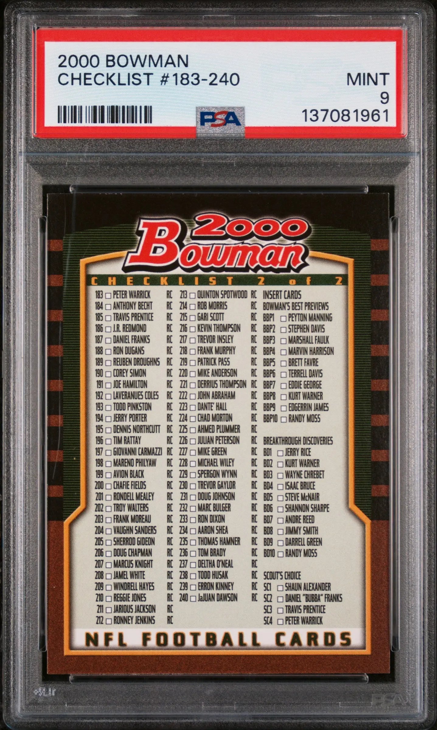 2000 Bowman Football Checklist #183-240 PSA 9 