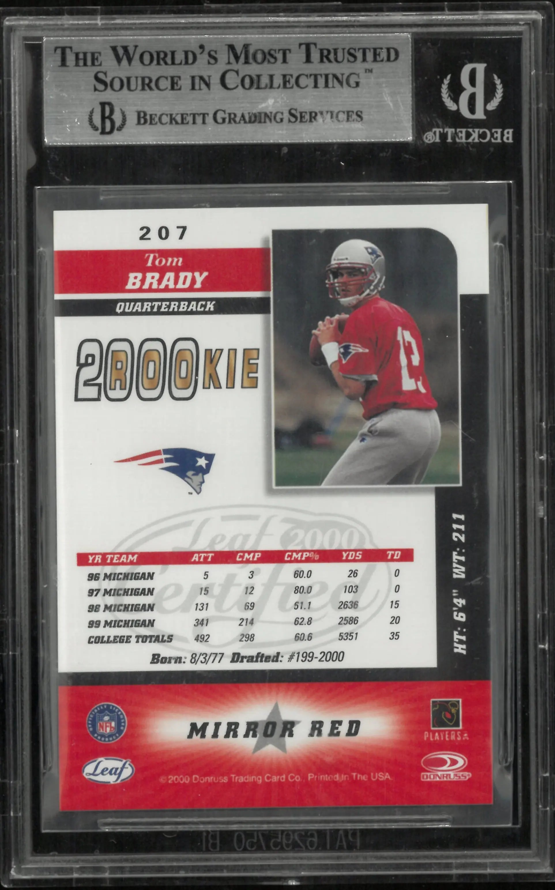 2000 Leaf Certified Mirror Red Tom Brady RC Rookie #207 BGS 8.5 