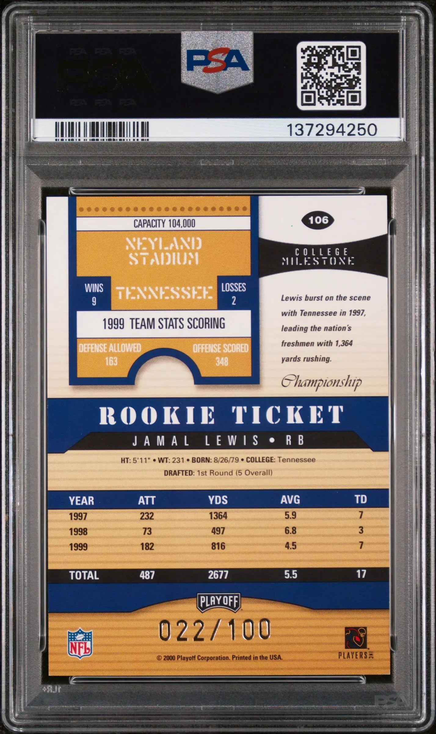 2000 Playoff Contenders Championship Rookie Ticket Auto Jamal Lewis /100 PSA 8 