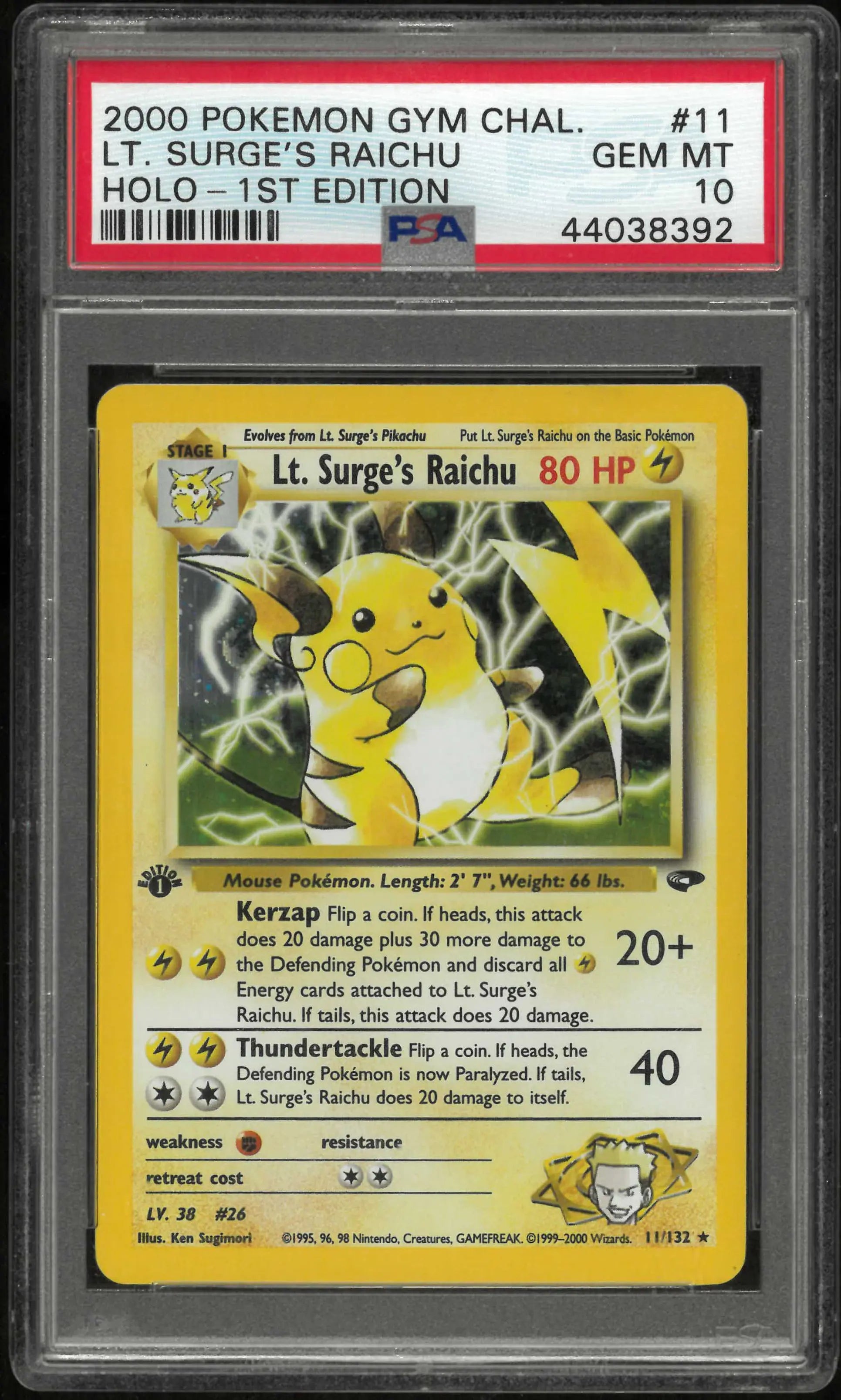 2000 Pokemon Gym Challenge 11/132 Lt. Surge's Raichu Holo 1st Edition PSA 10 