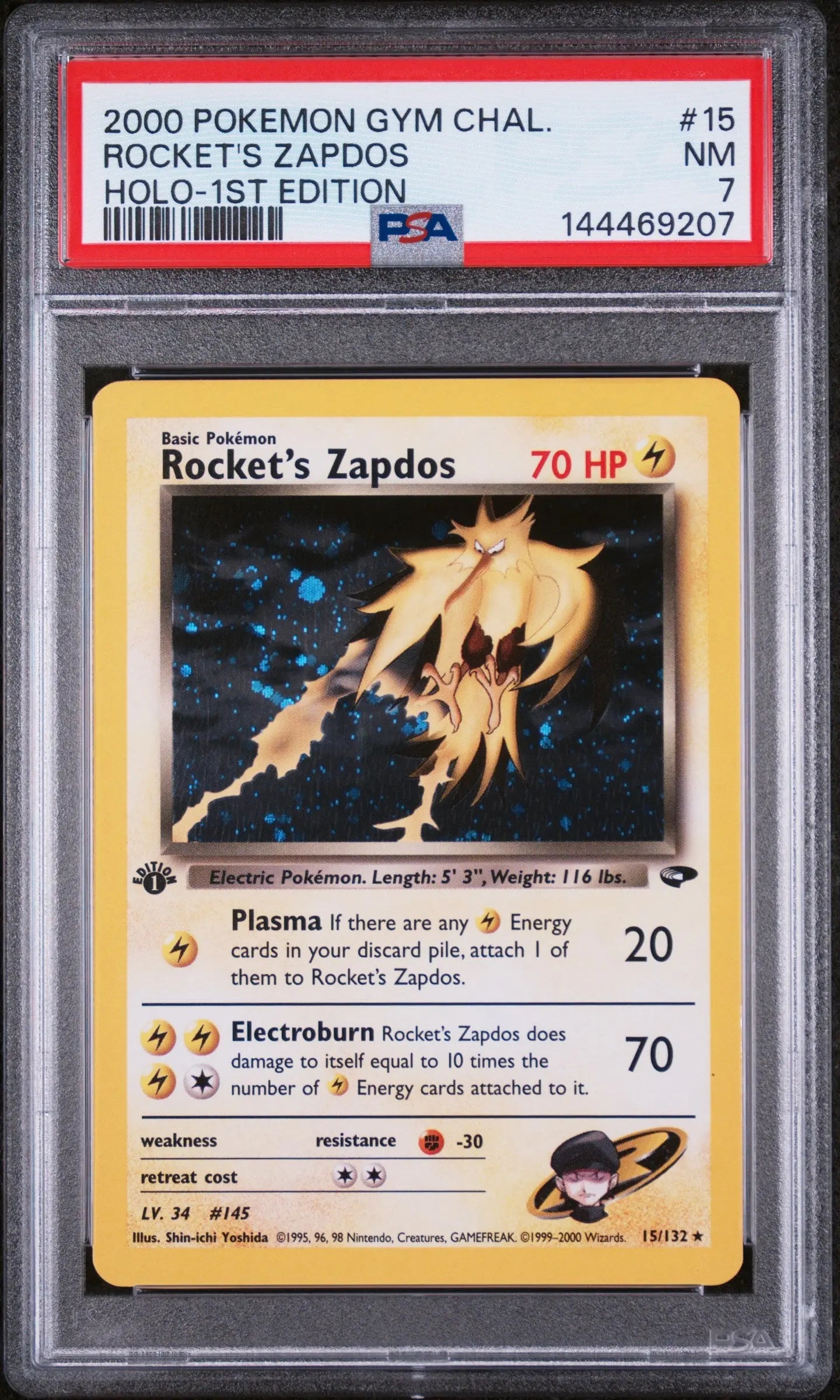 2000 Pokemon Gym Challenge Rocket's Zapdos Holo-1st Edition PSA 7 15/132 
