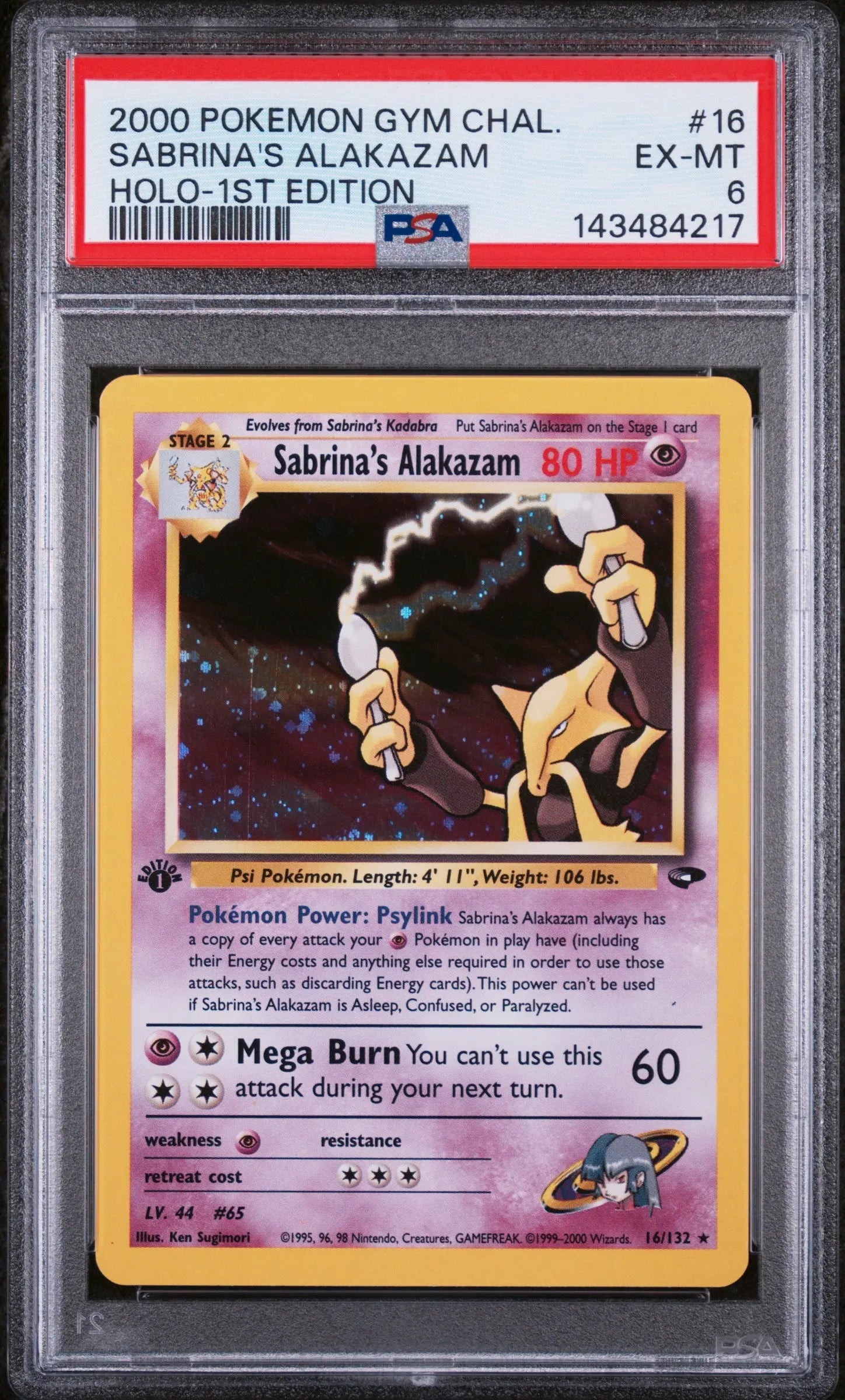 2000 Pokemon Gym Challenge Sabrina's Alakazam Holo-1st Edition 16/132 PSA 6 