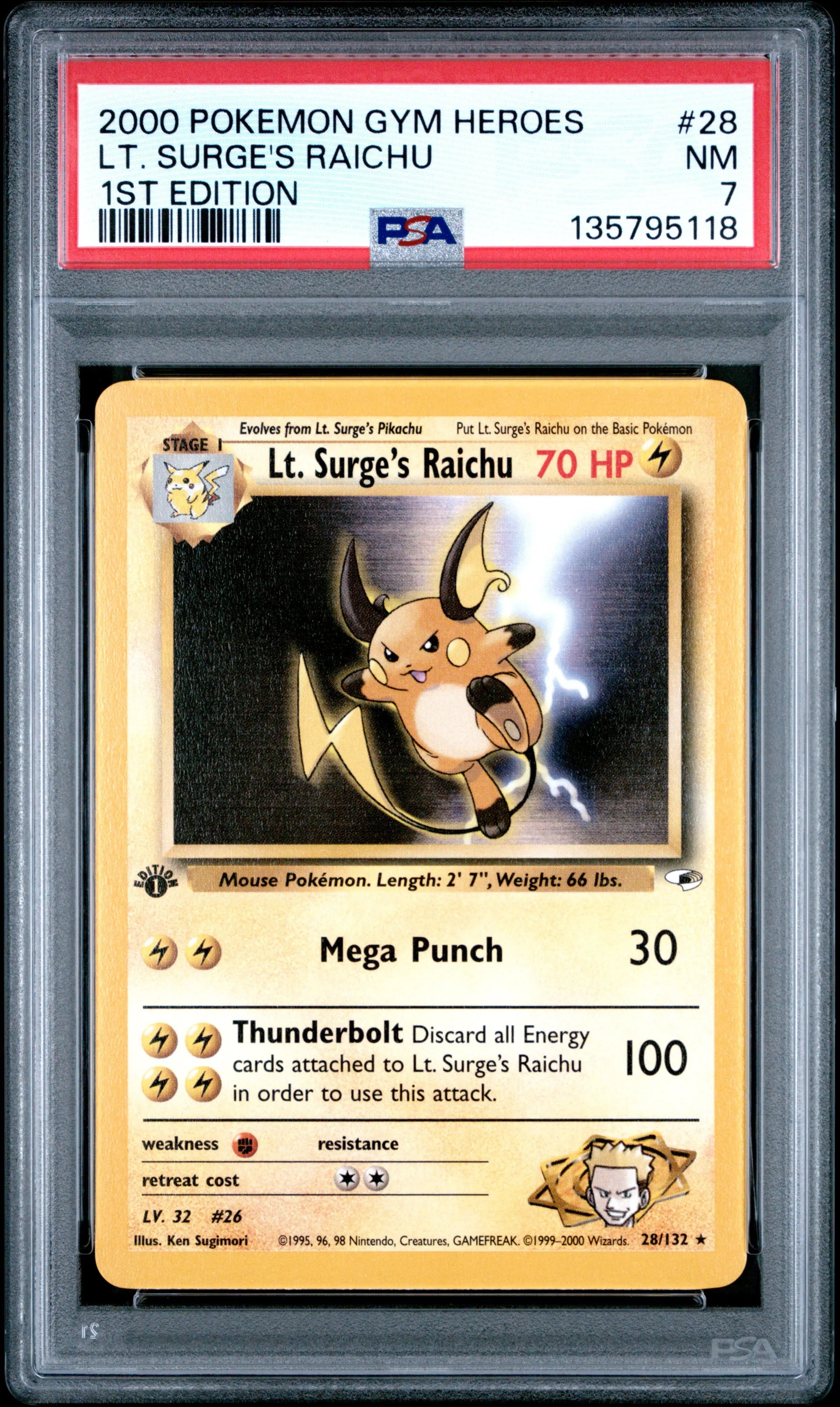 2000 Pokemon Gym Heroes 1st Edition LT. Surge's Raichu 28/132 PSA 7 