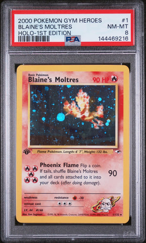 2000 Pokemon Gym Heroes Blaine's Moltres Holo-1st Edition PSA 8 1/132 