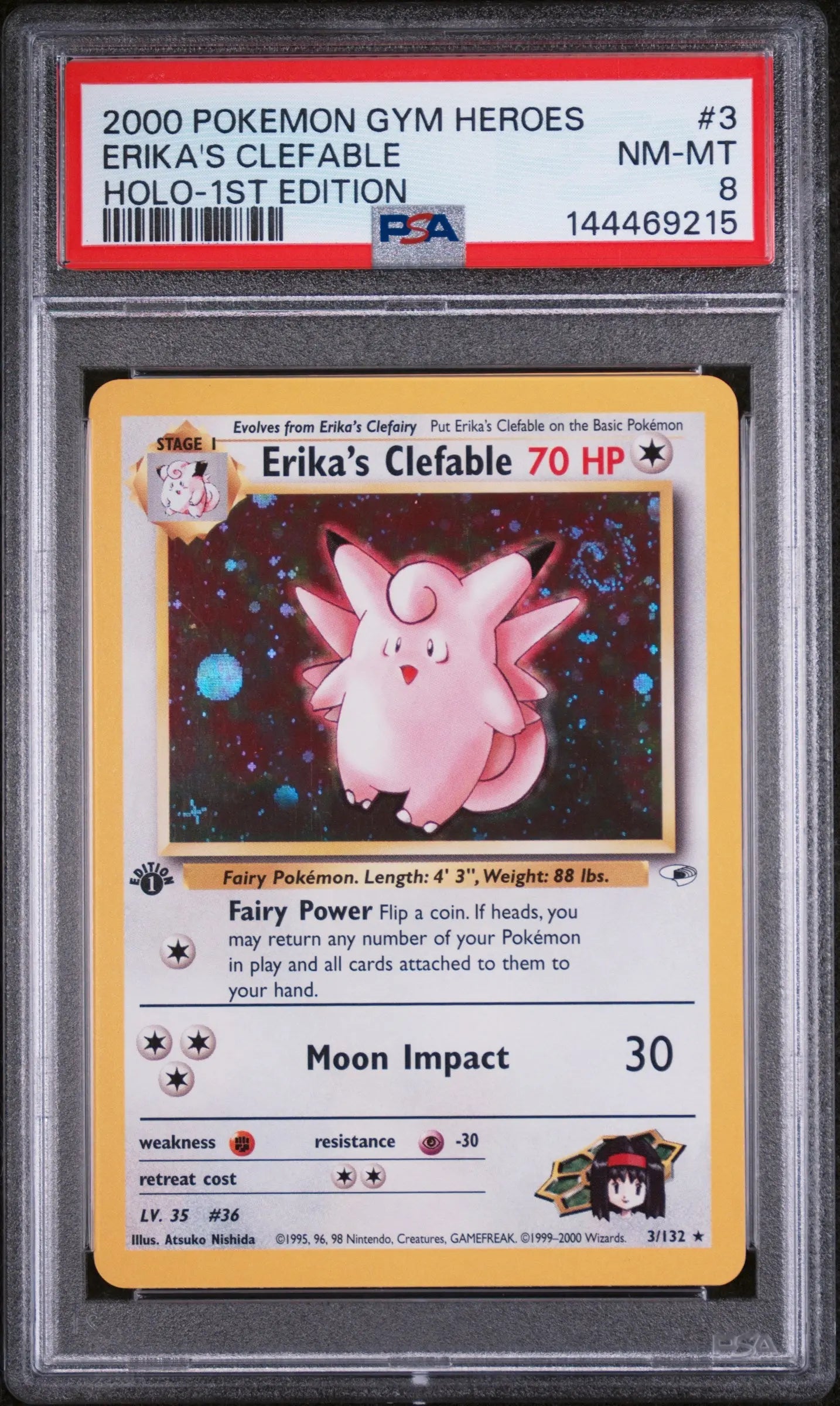 2000 Pokemon Gym Heroes Erika's Clefable Holo-1st Edition PSA 8 3/132 