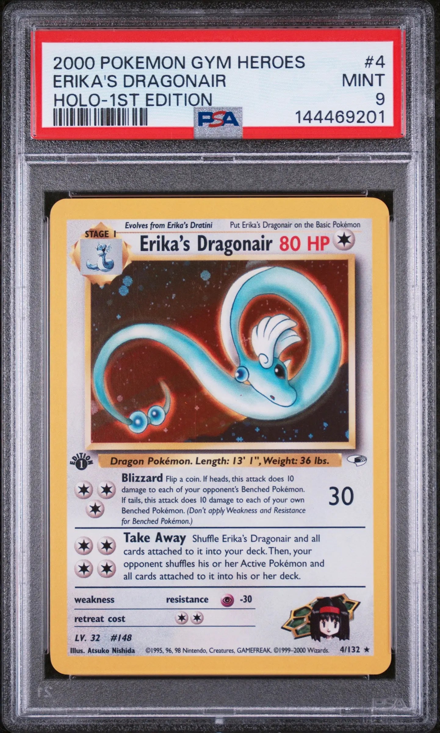 2000 Pokemon Gym Heroes Erika's Dragonair Holo-1st Edition PSA 9 4/132 