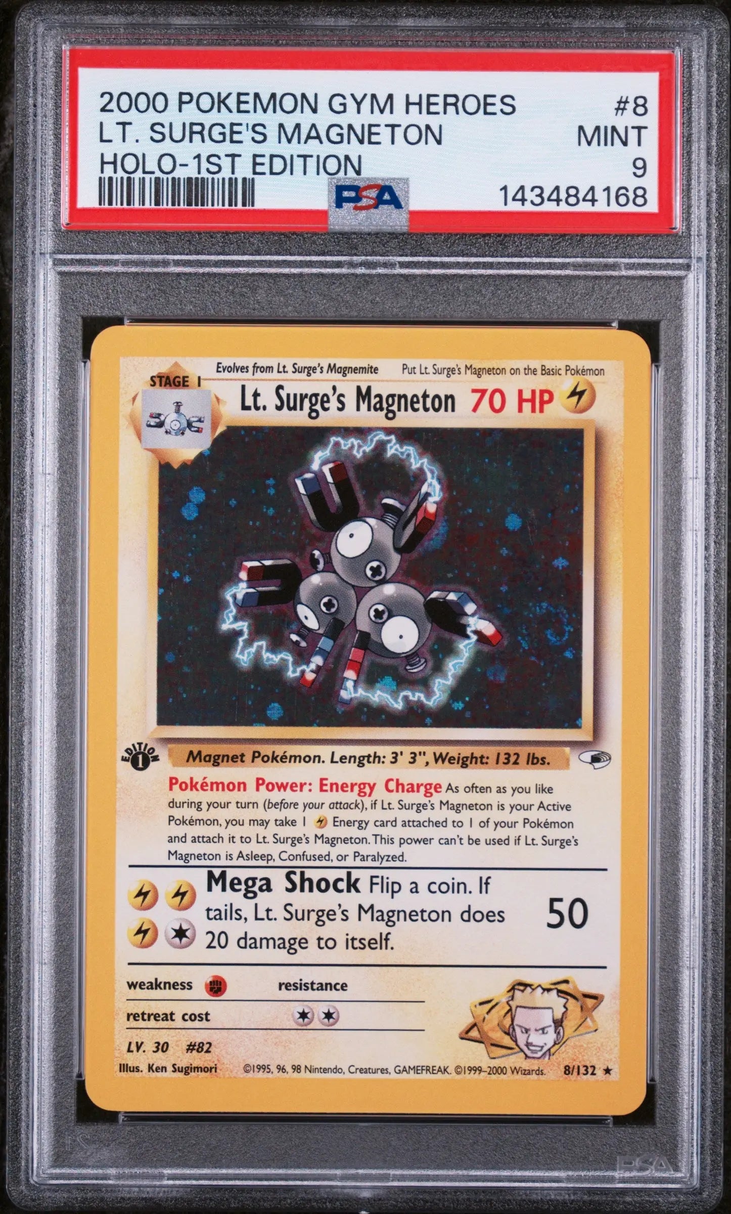 2000 Pokemon Gym Heroes LT. Surge's Magneton Holo-1st Edition 8/132 PSA 9 Swirl 