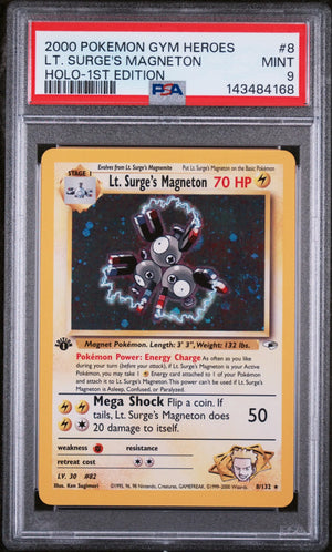 2000 Pokemon Gym Heroes LT. Surge's Magneton Holo-1st Edition 8/132 PSA 9 Swirl 