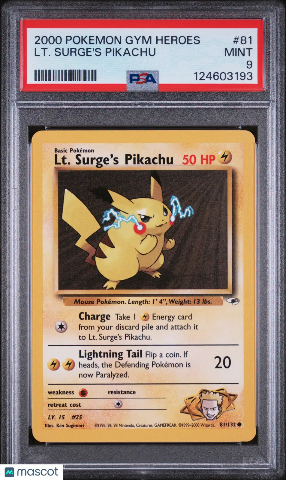 2000 Pokemon Gym Heroes LT. Surge's Pikachu PSA 9 81/132 