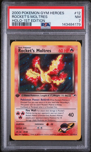 2000 Pokemon Gym Heroes Rocket's Moltres Holo-1st Edition 12/132 PSA 7 