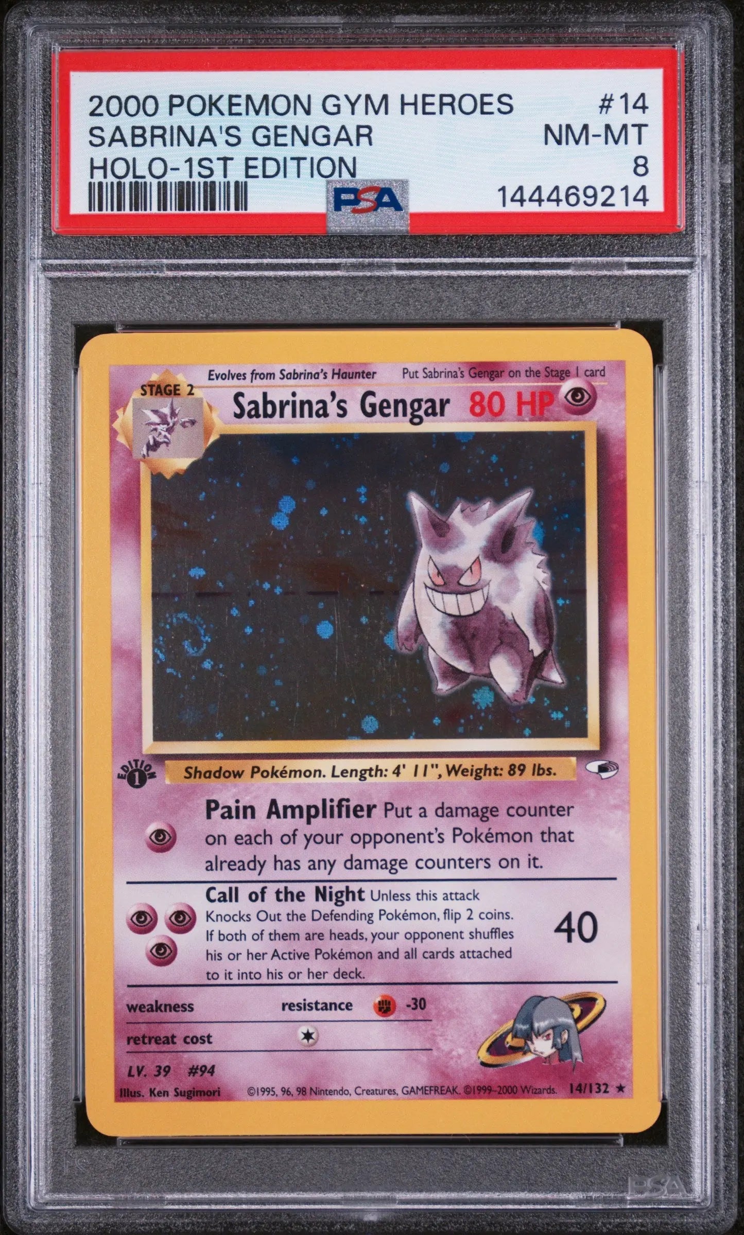 2000 Pokemon Gym Heroes Sabrina's Gengar Holo-1st Edition PSA 8 14/132 