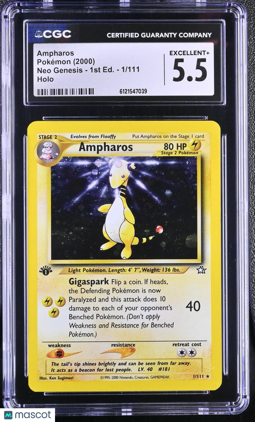 2000 Pokemon Neo Genesis 1st Edition Holofoil Ampharos 1/111 CGC 5.5 