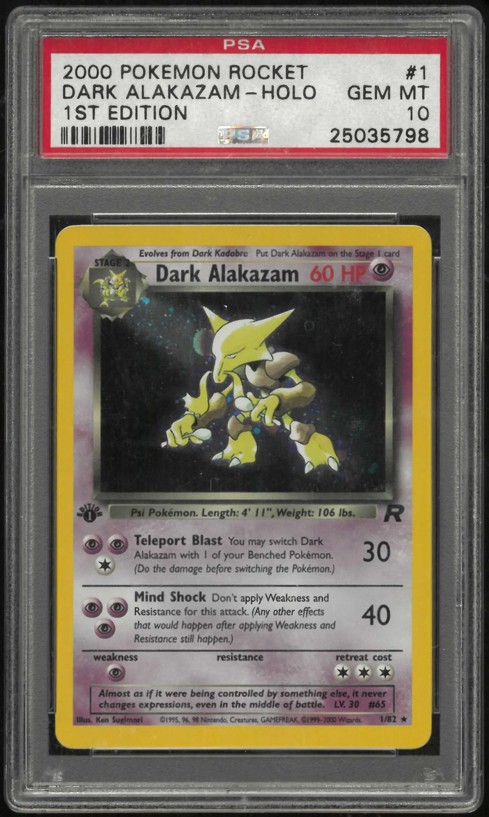 2000 Pokemon Rocket 1/82 Dark Alakazam Holo 1st Edition PSA 10 