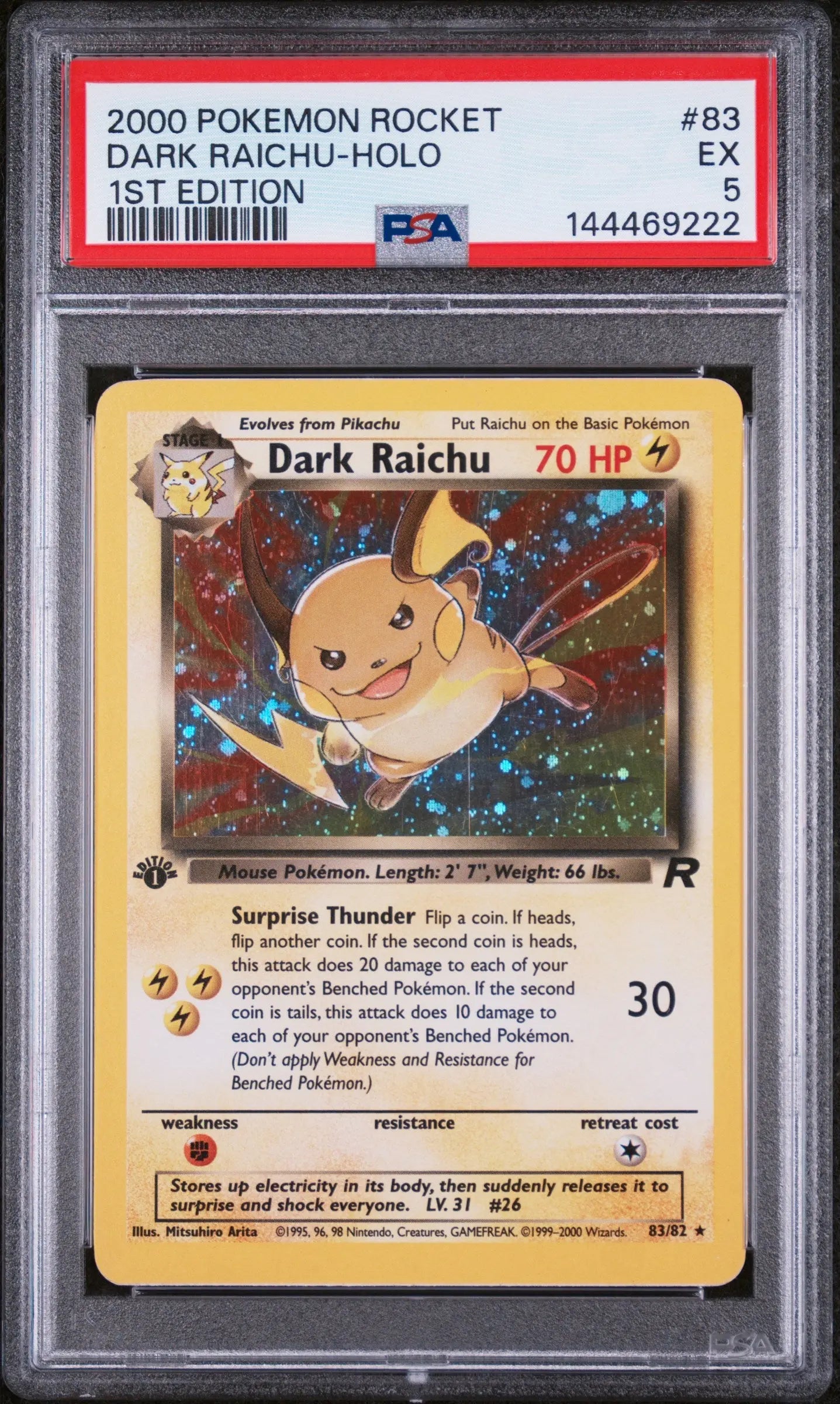 2000 Pokemon Rocket Dark Raichu Holo 1st Edition PSA 5 83/82 