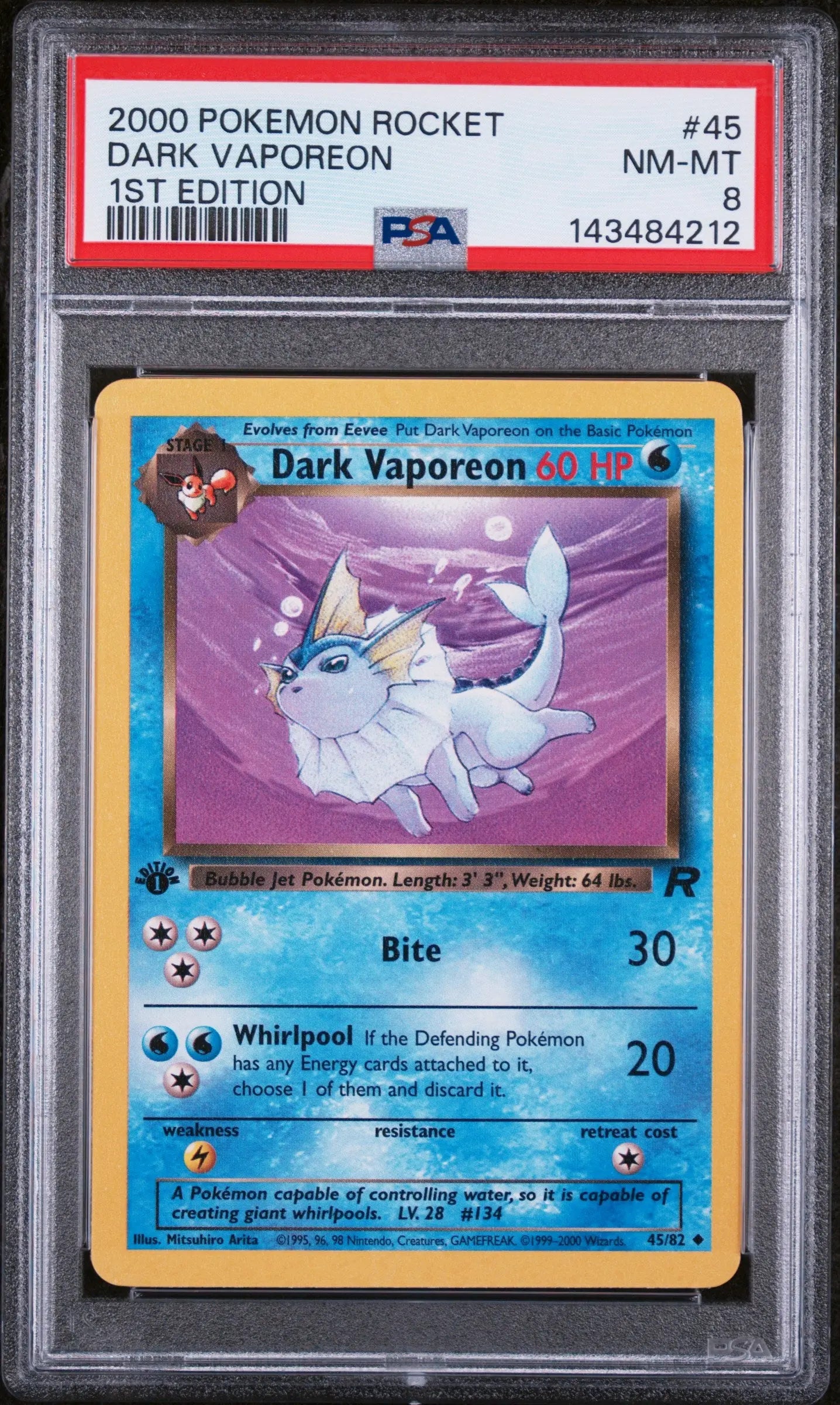 2000 Pokemon Rocket Dark Vaporeon 1st Edition 45/82 PSA 8 