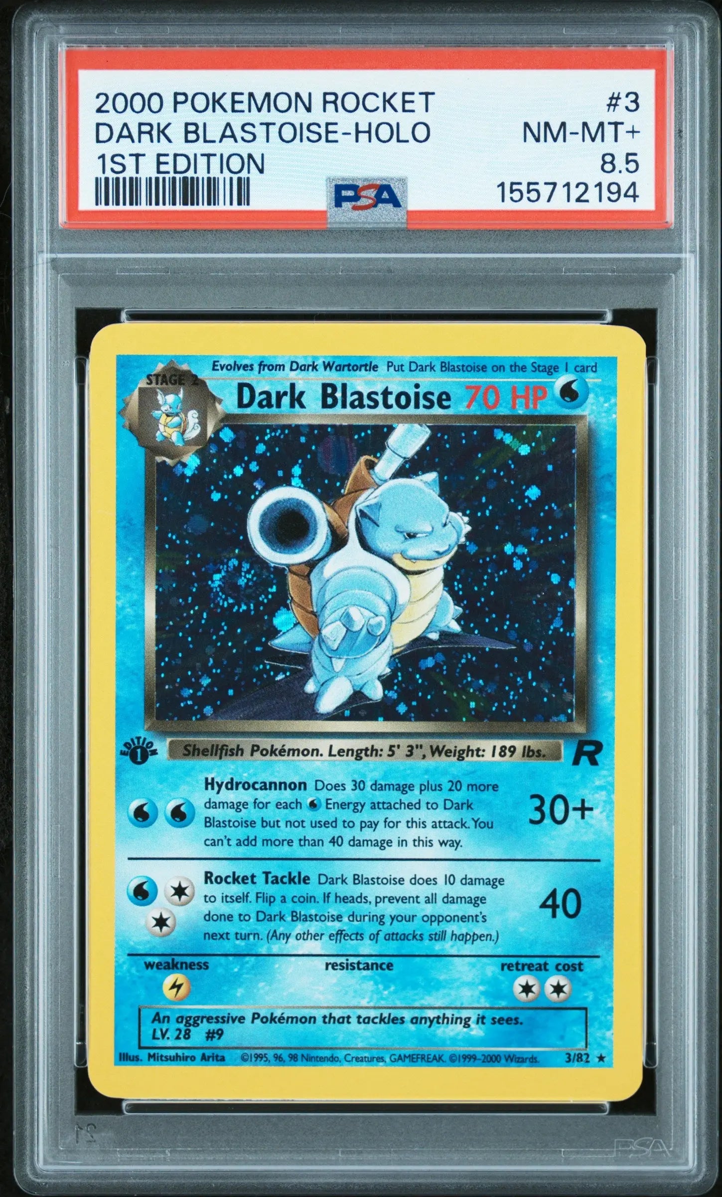 2000 Pokemon Team Rocket 1st Edition Holofoil Dark Blastoise PSA 8.5 3/82 