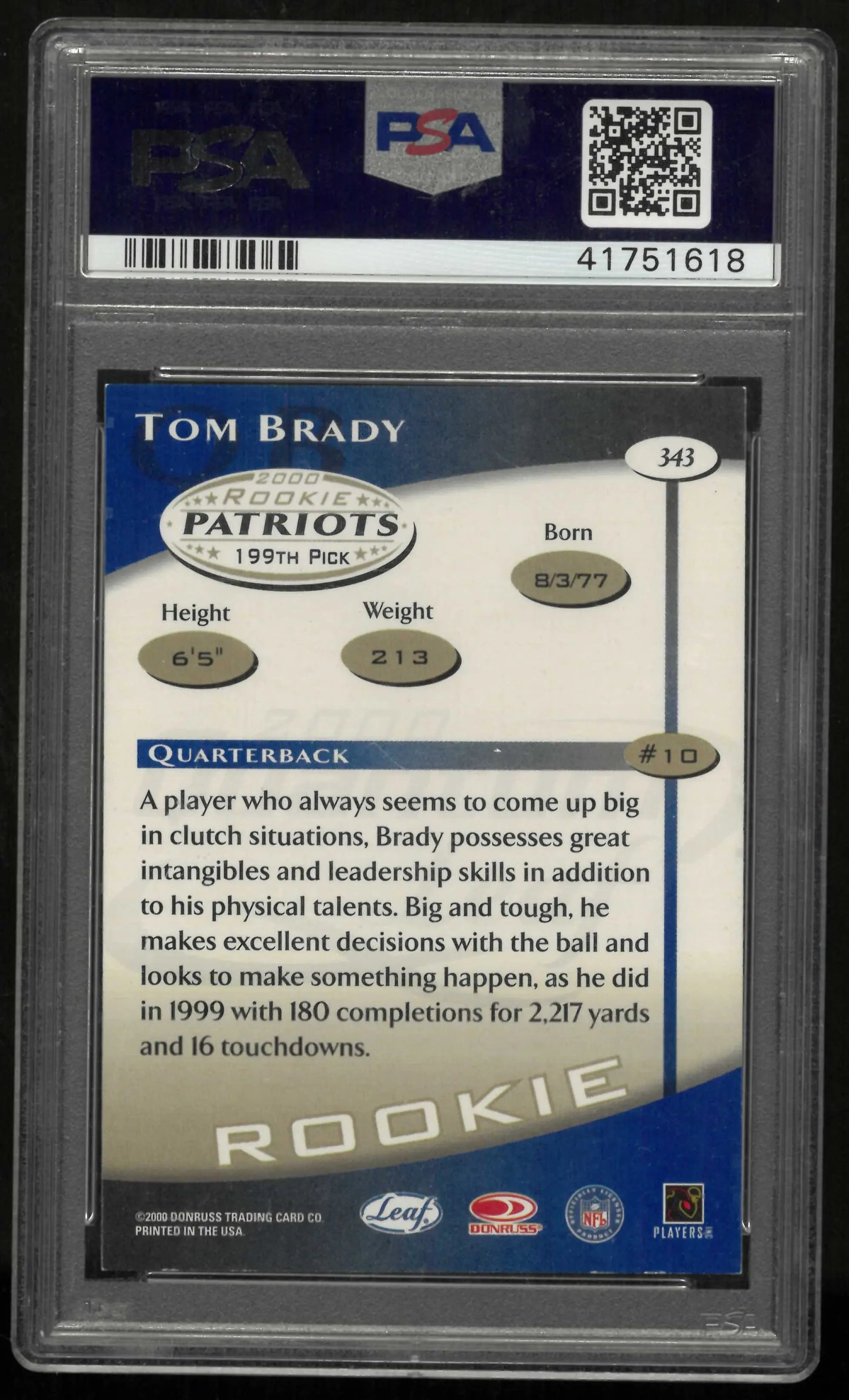 2000 Quantum Leaf Rookie Tom Brady RC PSA 7 