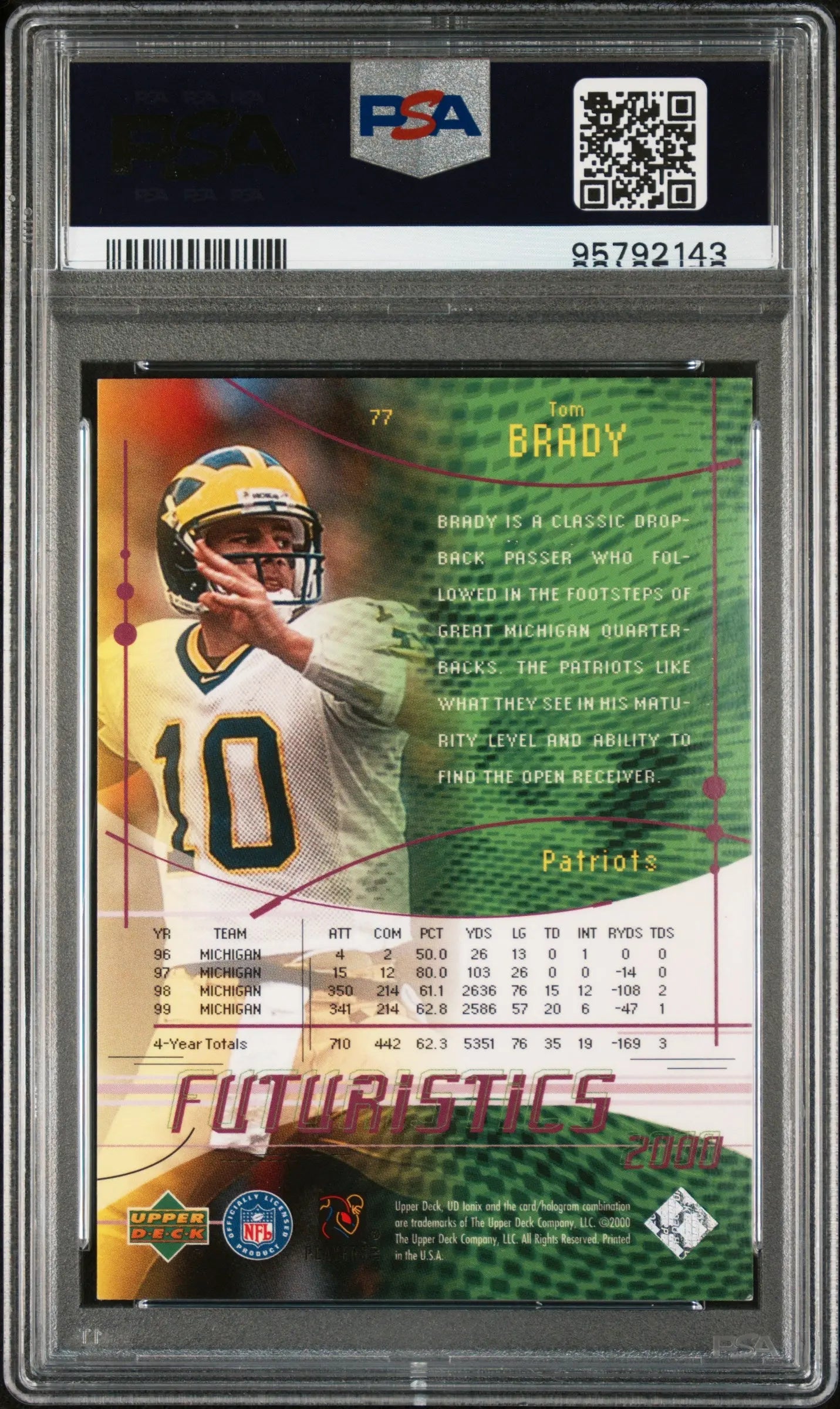 2000 Upper Deck Ionix Football Tom Brady Futuristics Proof Auto PSA 8 