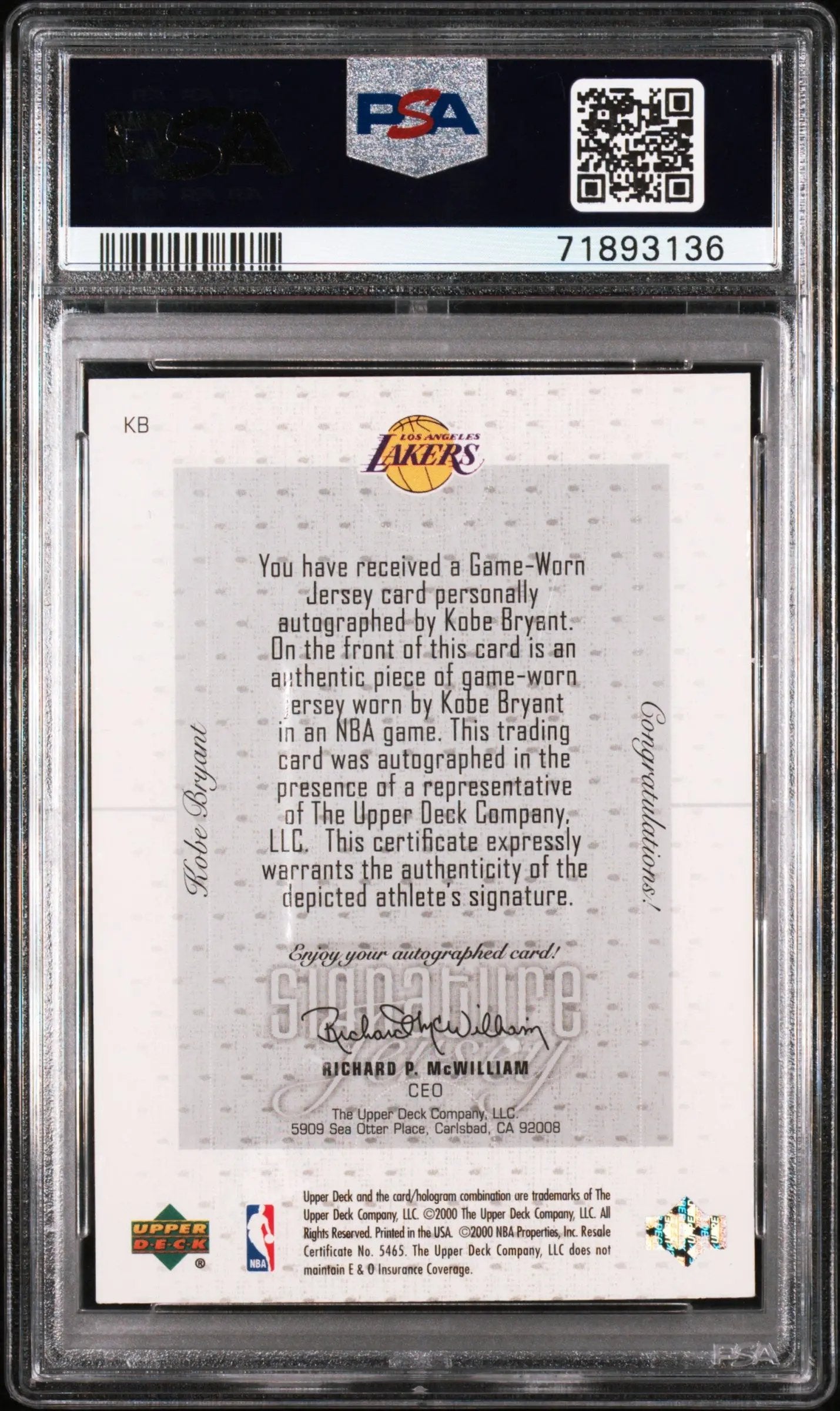 2000 Upper Deck Pros Prospects Signature Jerseys Auto Kobe Bryant PSA Authentic 