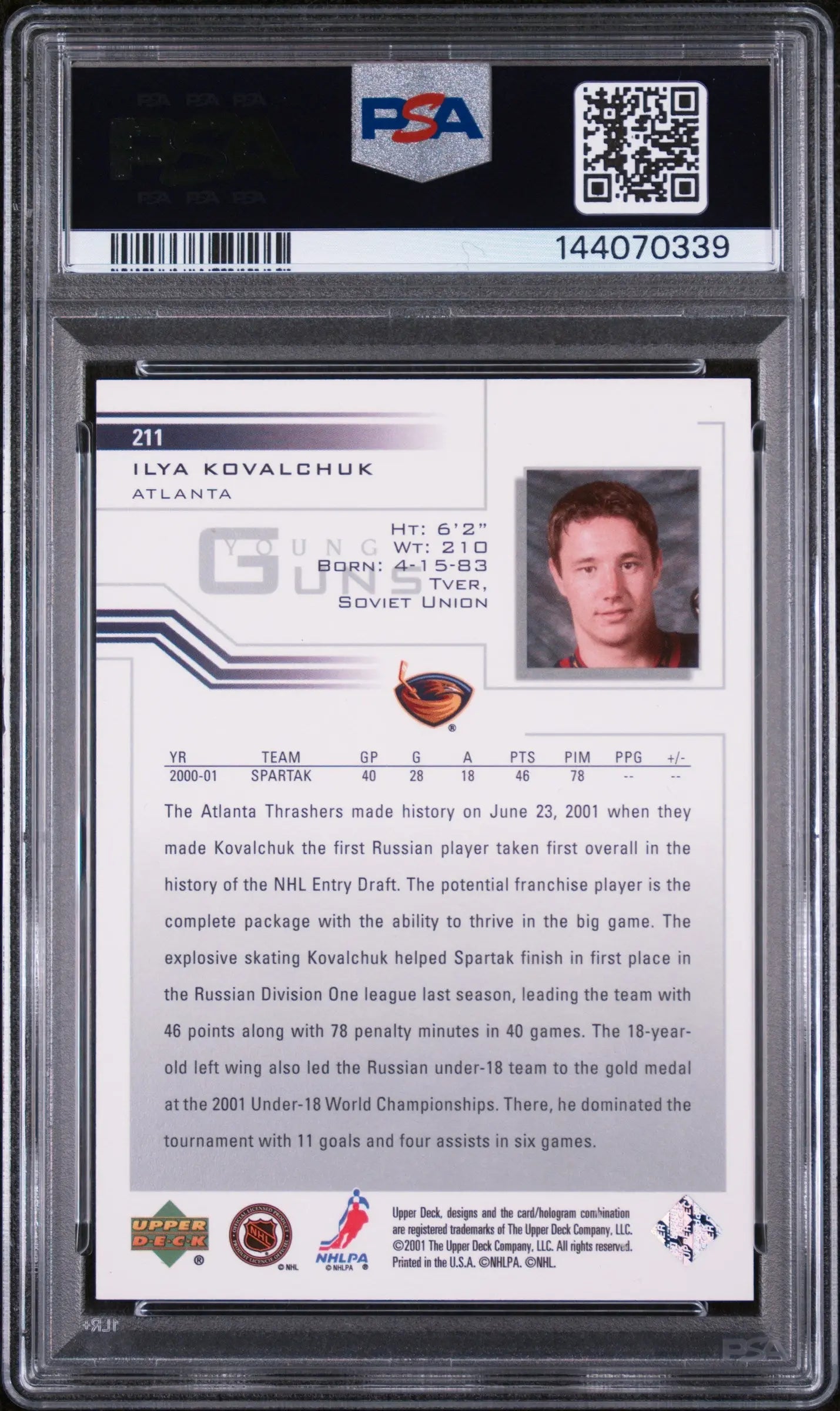 2001-02 Upper Deck Hockey Ilya Kovalchuk Young Guns RC Rookie #211 PSA 10 
