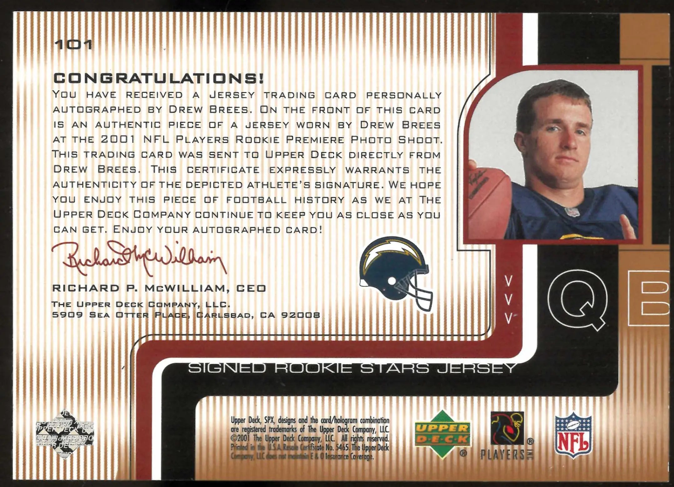 2001 SPx Autograph Rookie Drew Brees Gold Auto RC /250 
