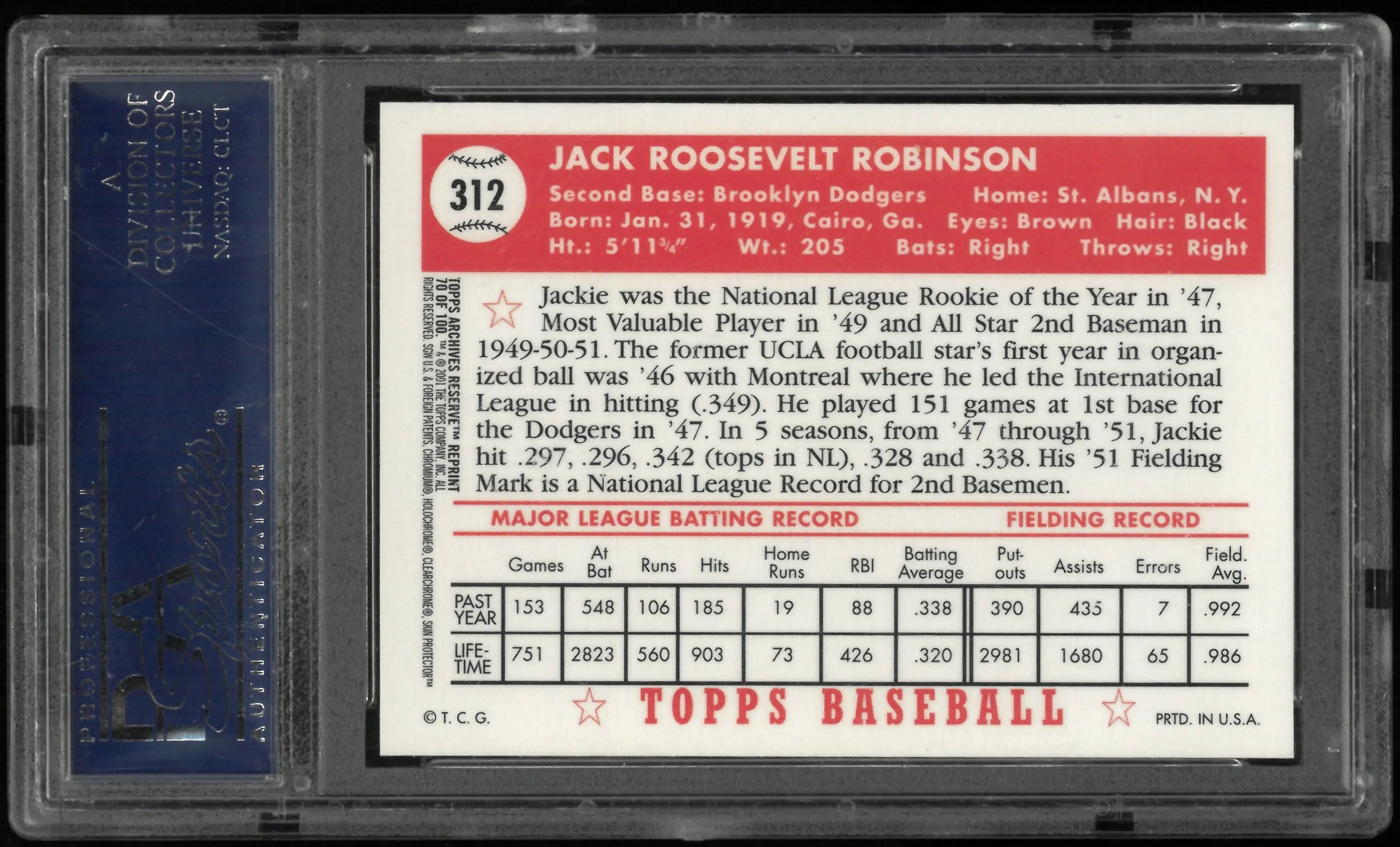 2001 Topps Archives Reserve Jackie Robinson #70 1952 REPRINT PSA 9 