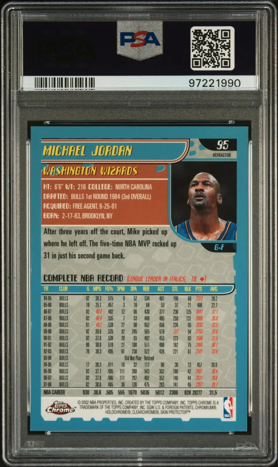 2001 Topps Chrome Basketball Michael Jordan Refractor PSA 9 