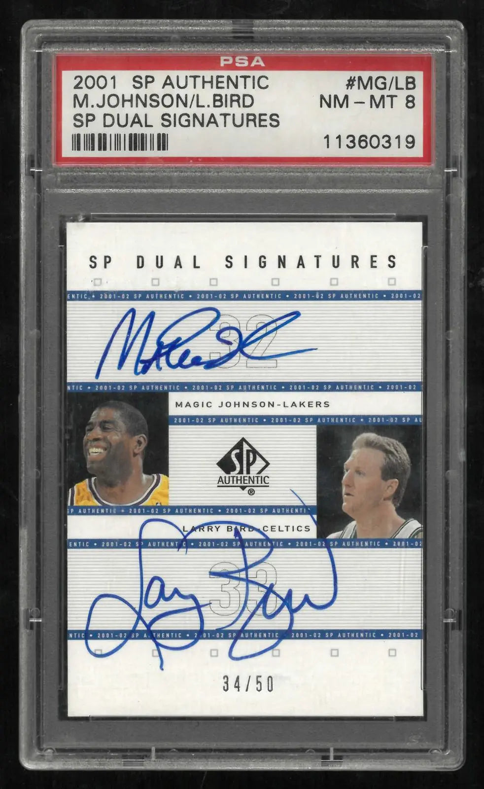 2001 UD SP Authentic Dual Signatures Autograph Johnson/Bird Auto /50 PSA 8 