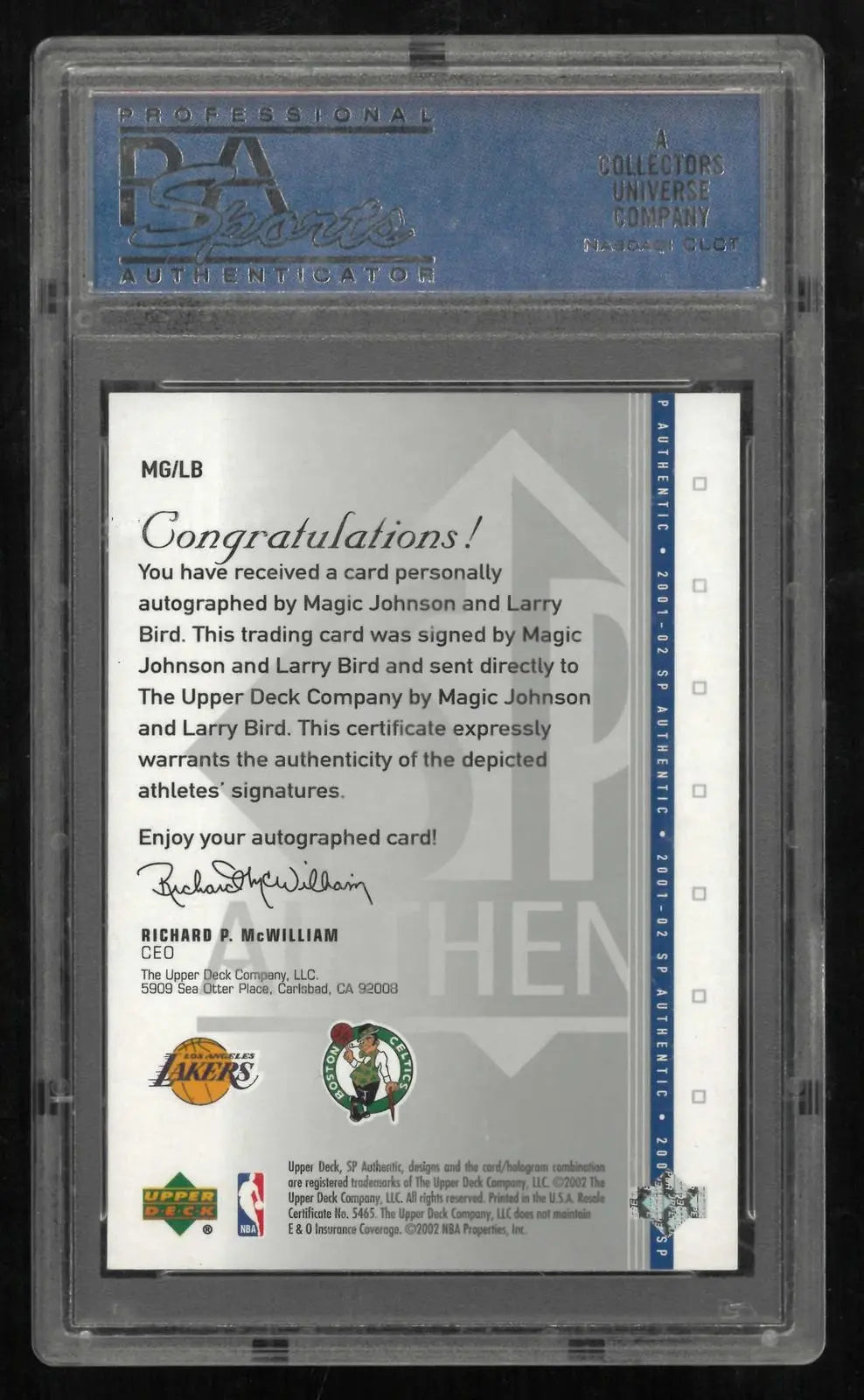 2001 UD SP Authentic Dual Signatures Autograph Johnson/Bird Auto /50 PSA 8 