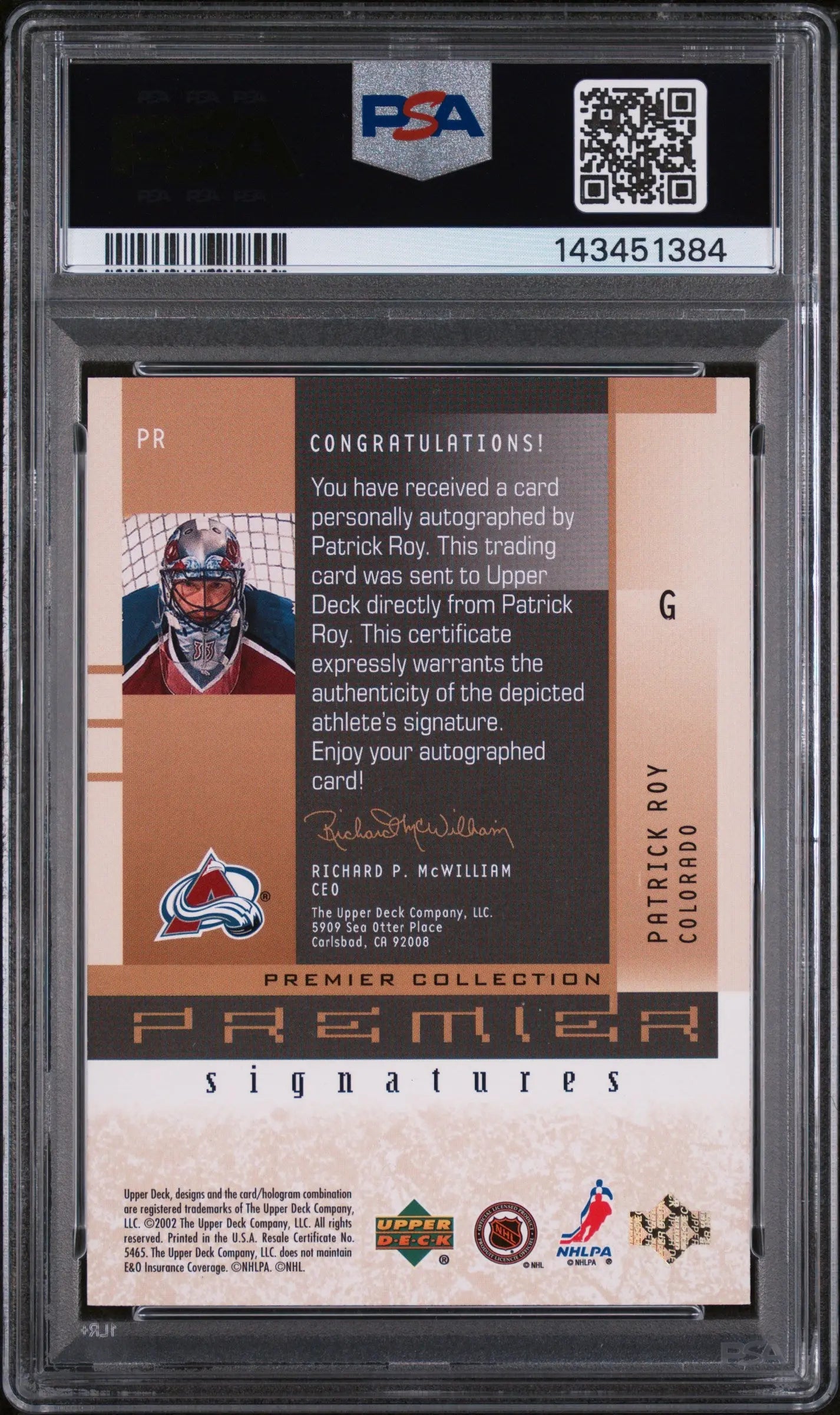 2001 Upper Deck Premier Collection Premier Signature Autograph Patrick Roy PSA 9 