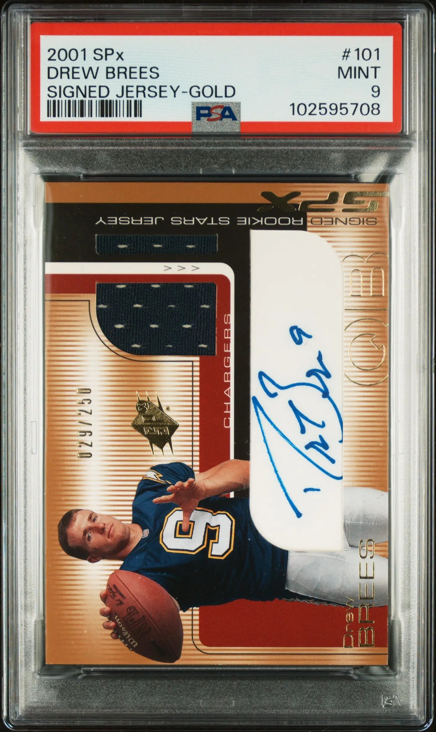 2001 Upper Deck Spx Autograph Patch Drew Brees Auto Gold /250 PSA 9 