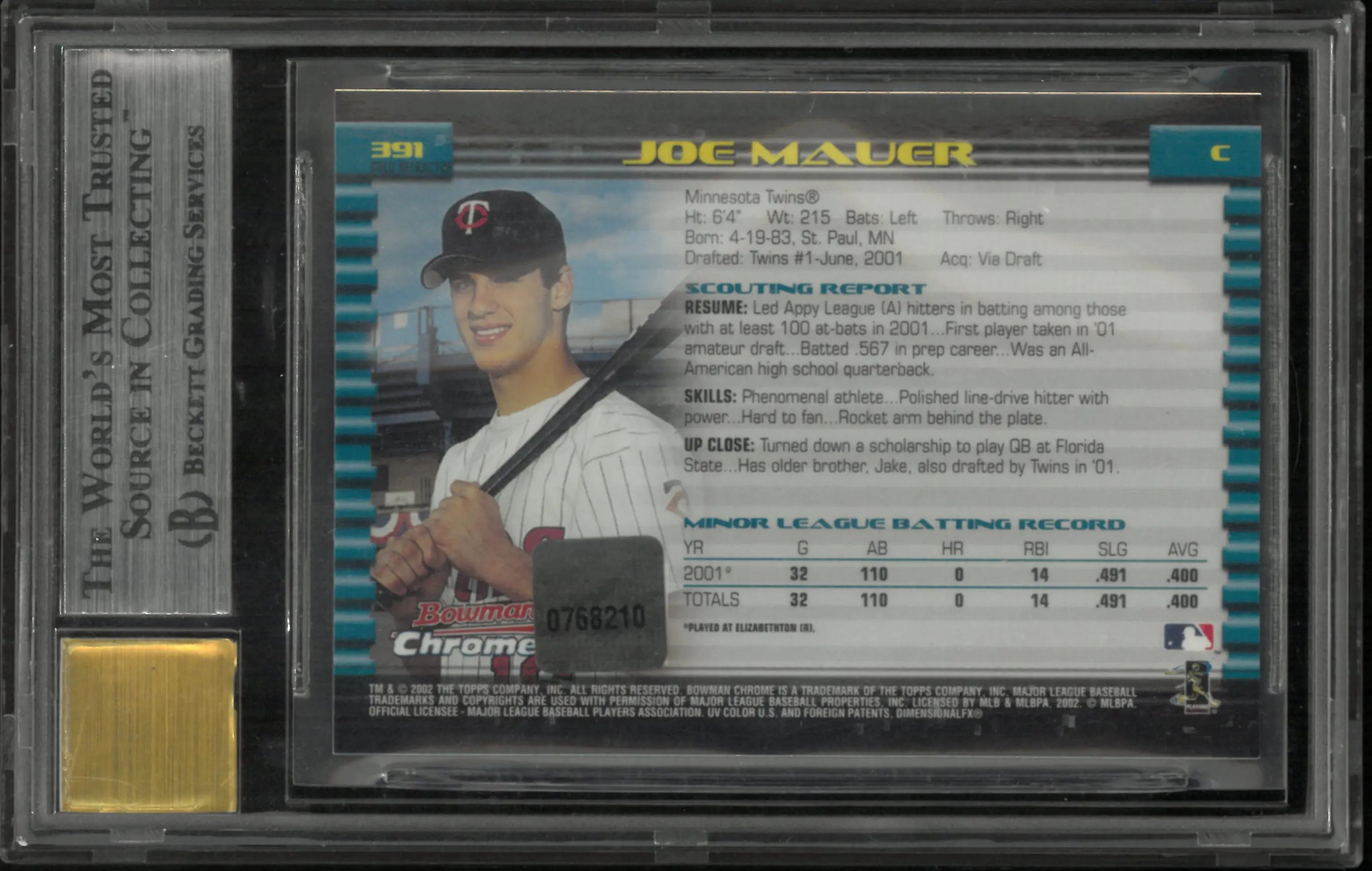 2002 Bowman Chrome Gold Refractors Joe Mauer RC Rookie Auto BGS 9 Auto 10 