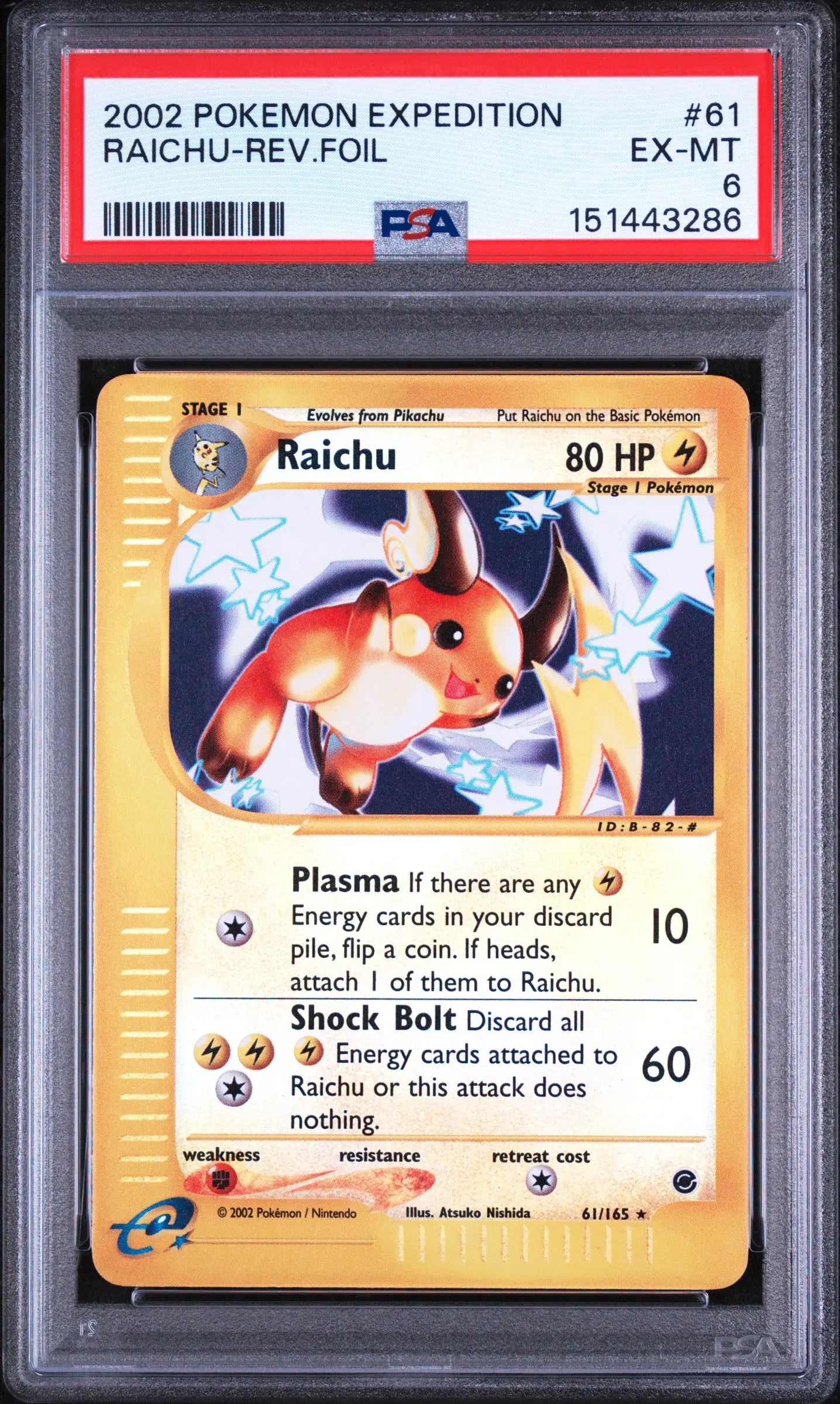 2002 Pokemon Expedition Raichu Reverse Foil 61/165 PSA 6 