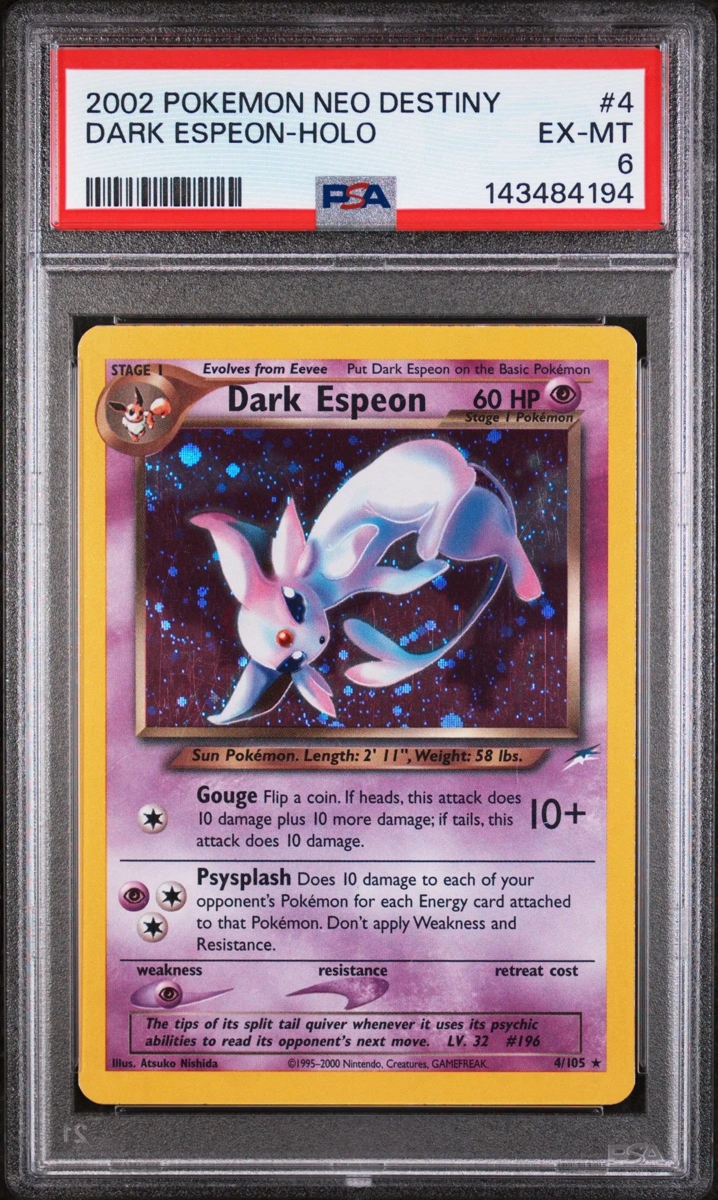 2002 Pokemon Neo Destiny Dark Espeon Holo 4/105 PSA 6 
