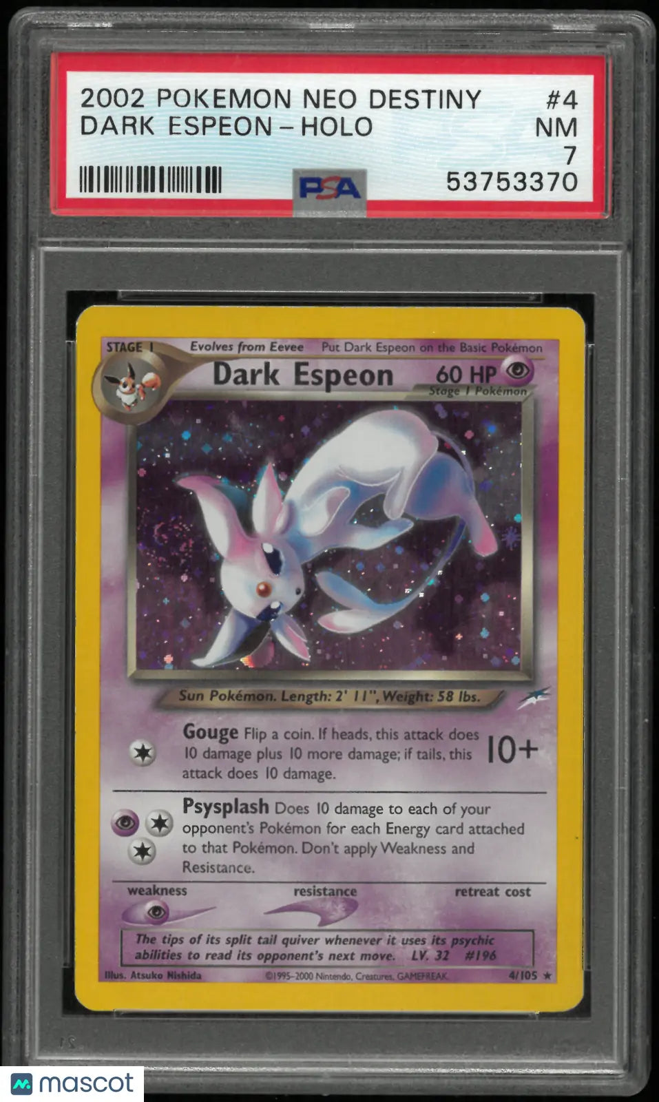 2002 Pokemon Neo Destiny Dark Espeon Holo Swirl 4/105 PSA 7 