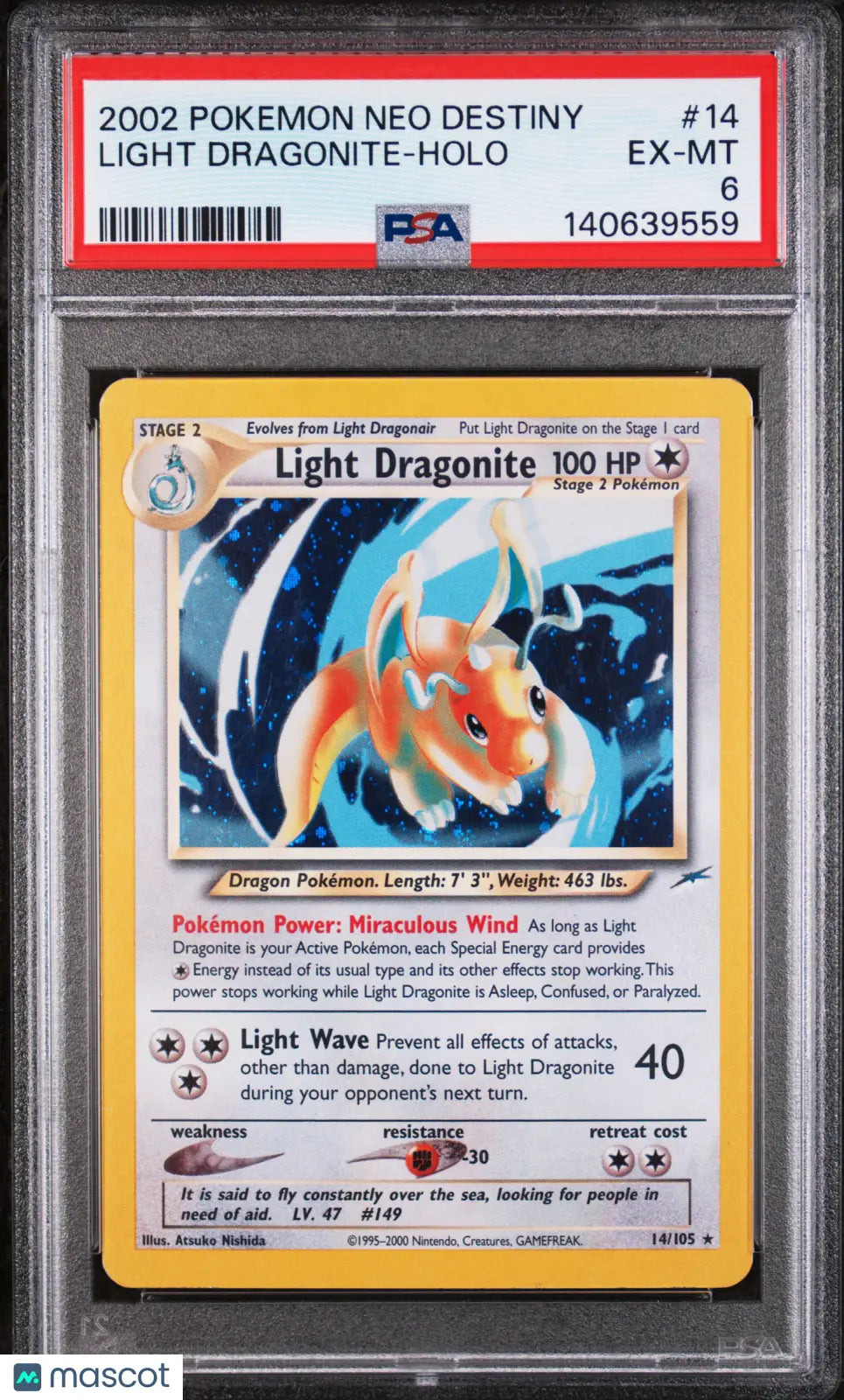 2002 Pokemon Neo Destiny Light Dragonite Holo PSA 6 14/105 